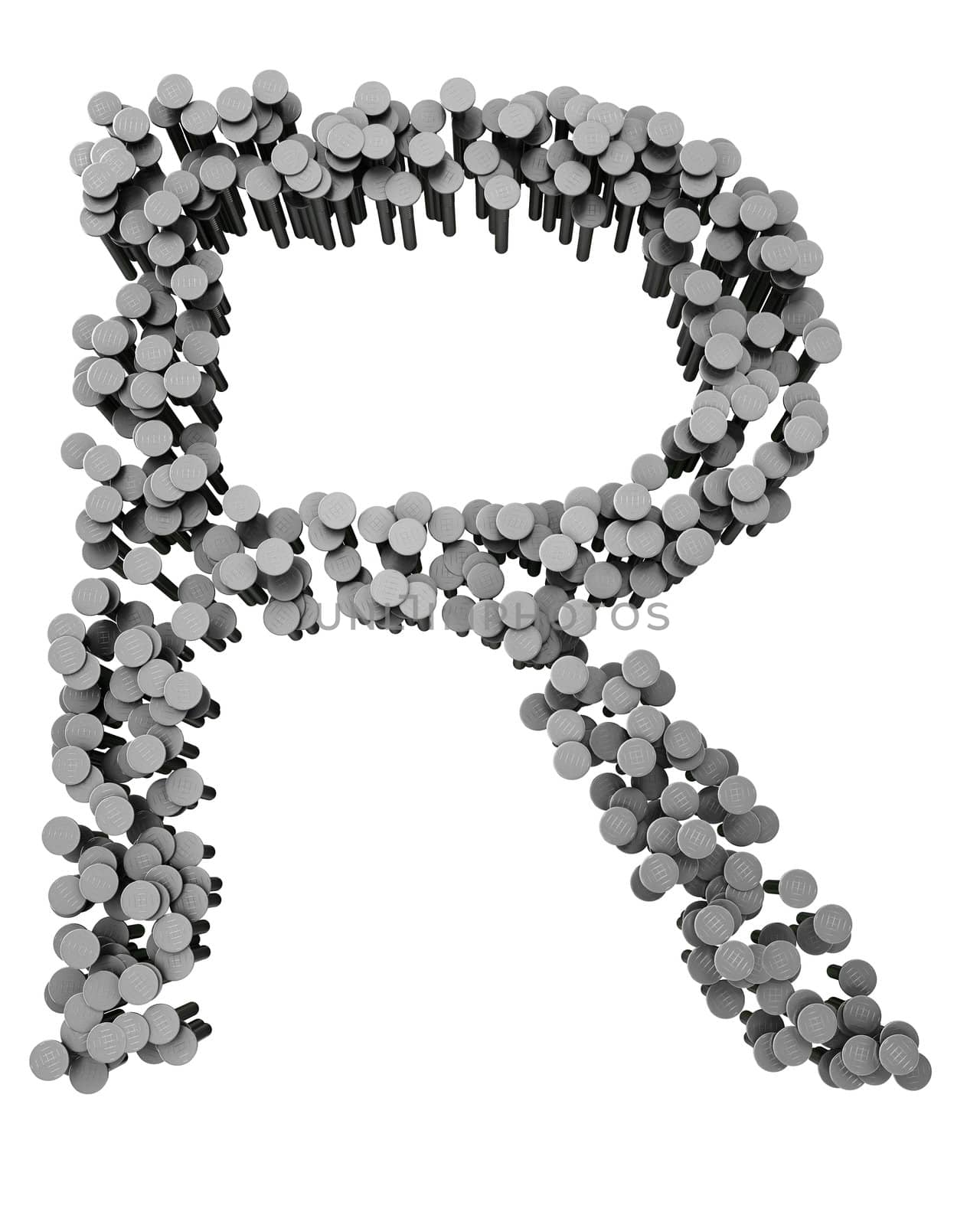 Alphabet made from hammered nails isolated on white background