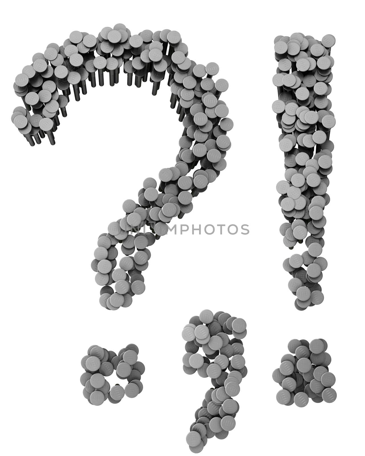 Alphabet made from hammered nails isolated on white background, punctuation marks
