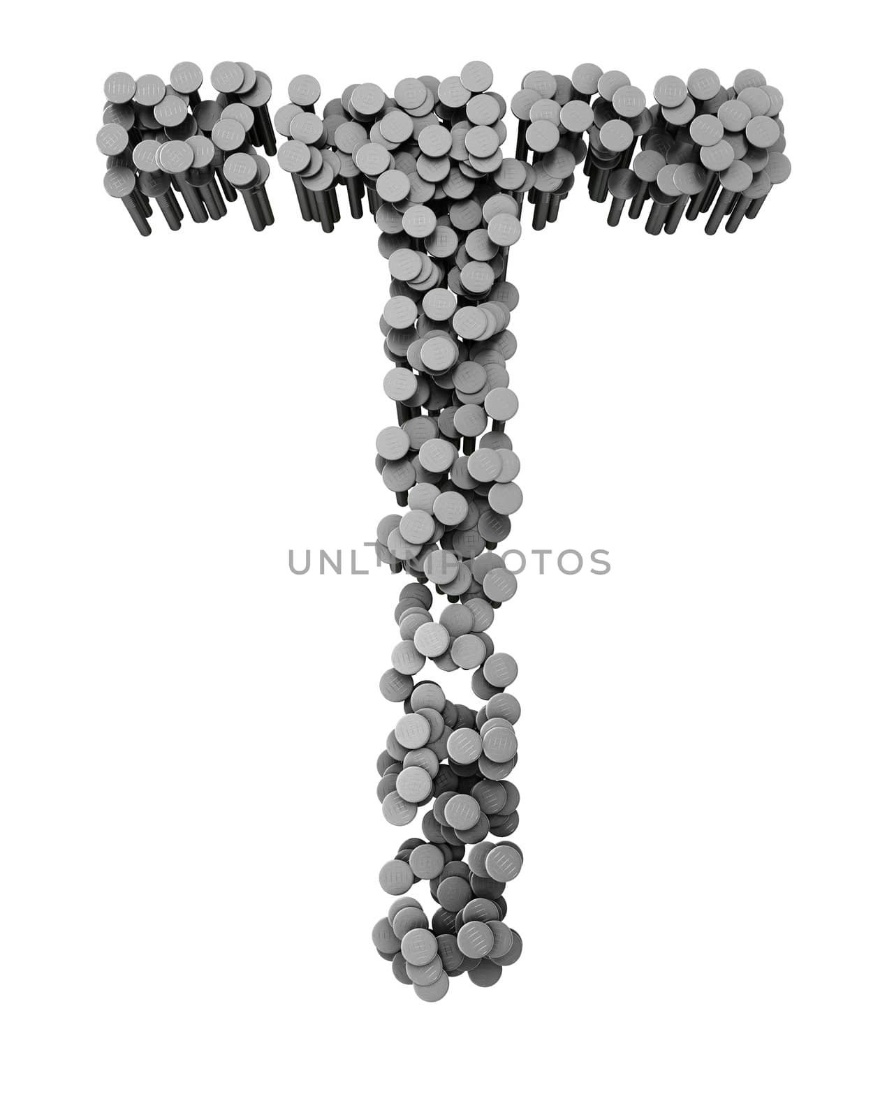 Alphabet made from hammered nails isolated on white background