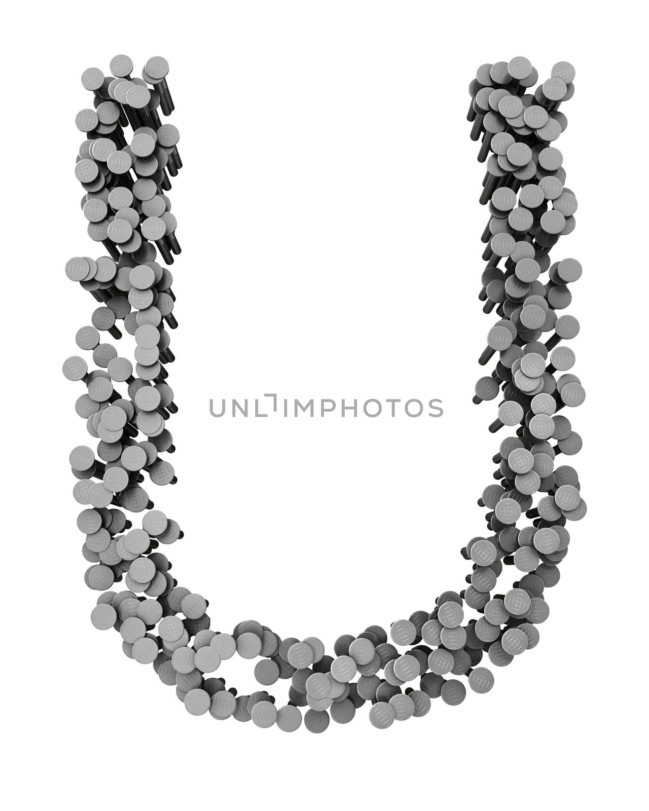 Alphabet made from hammered nails isolated on white background