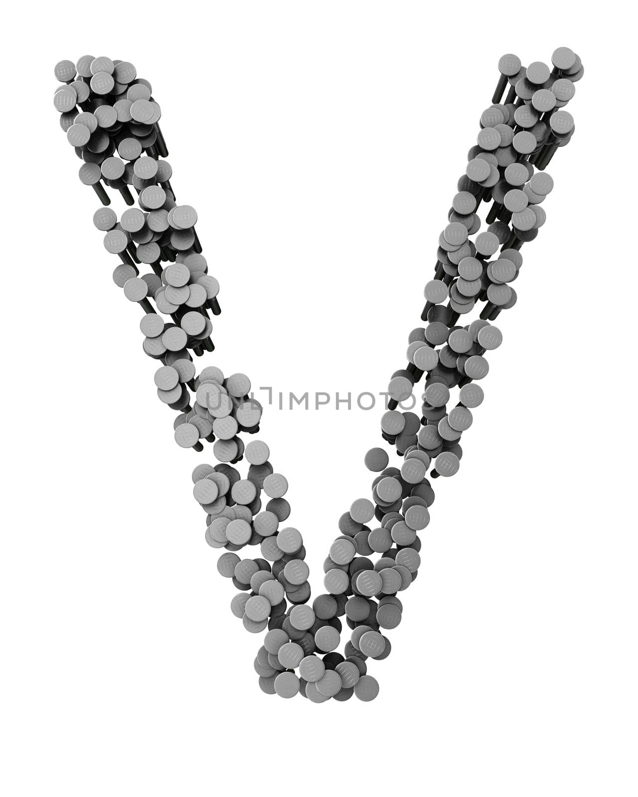 Alphabet made from hammered nails isolated on white background