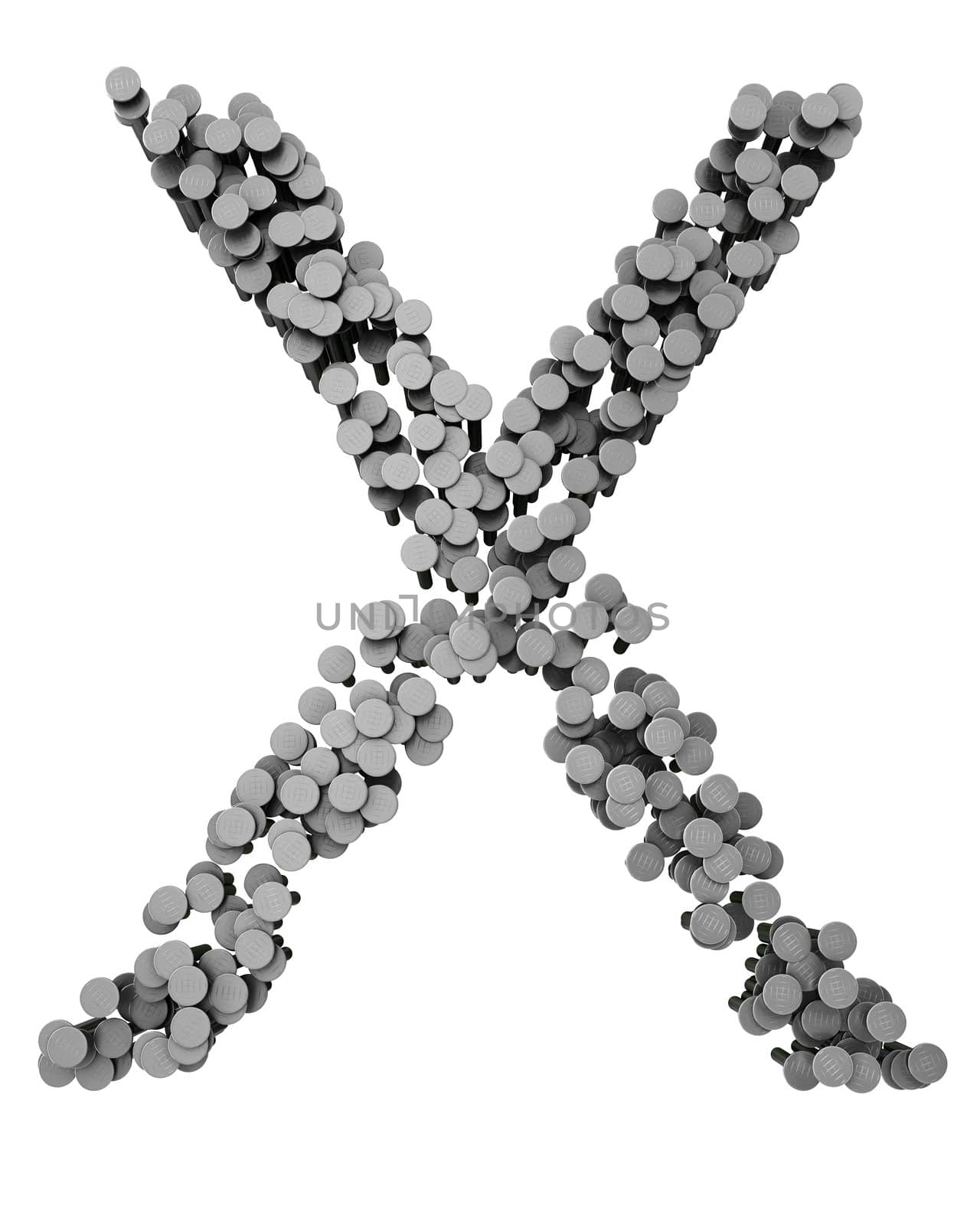 Alphabet made from hammered nails isolated on white background