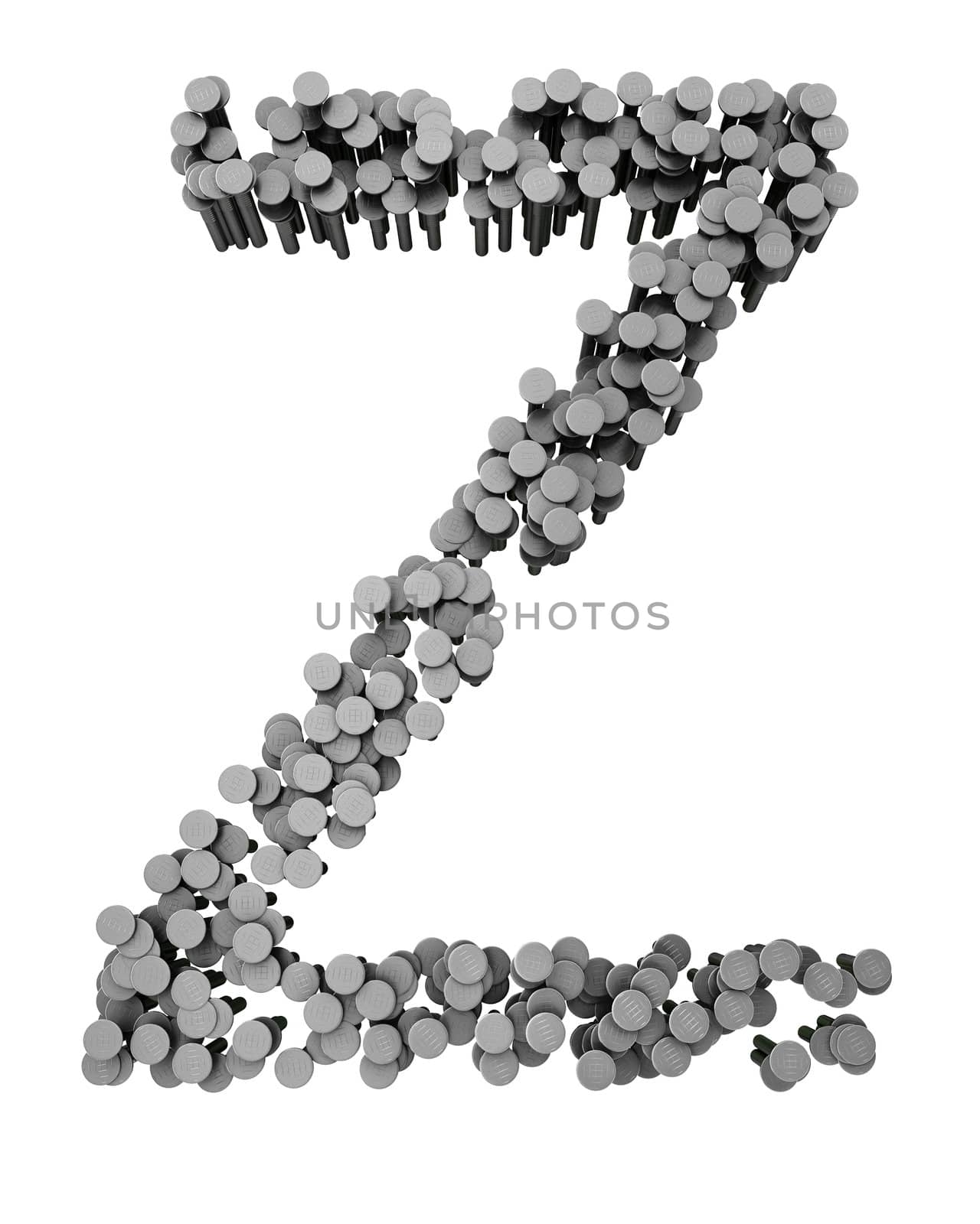 Alphabet made from hammered nails isolated on white background