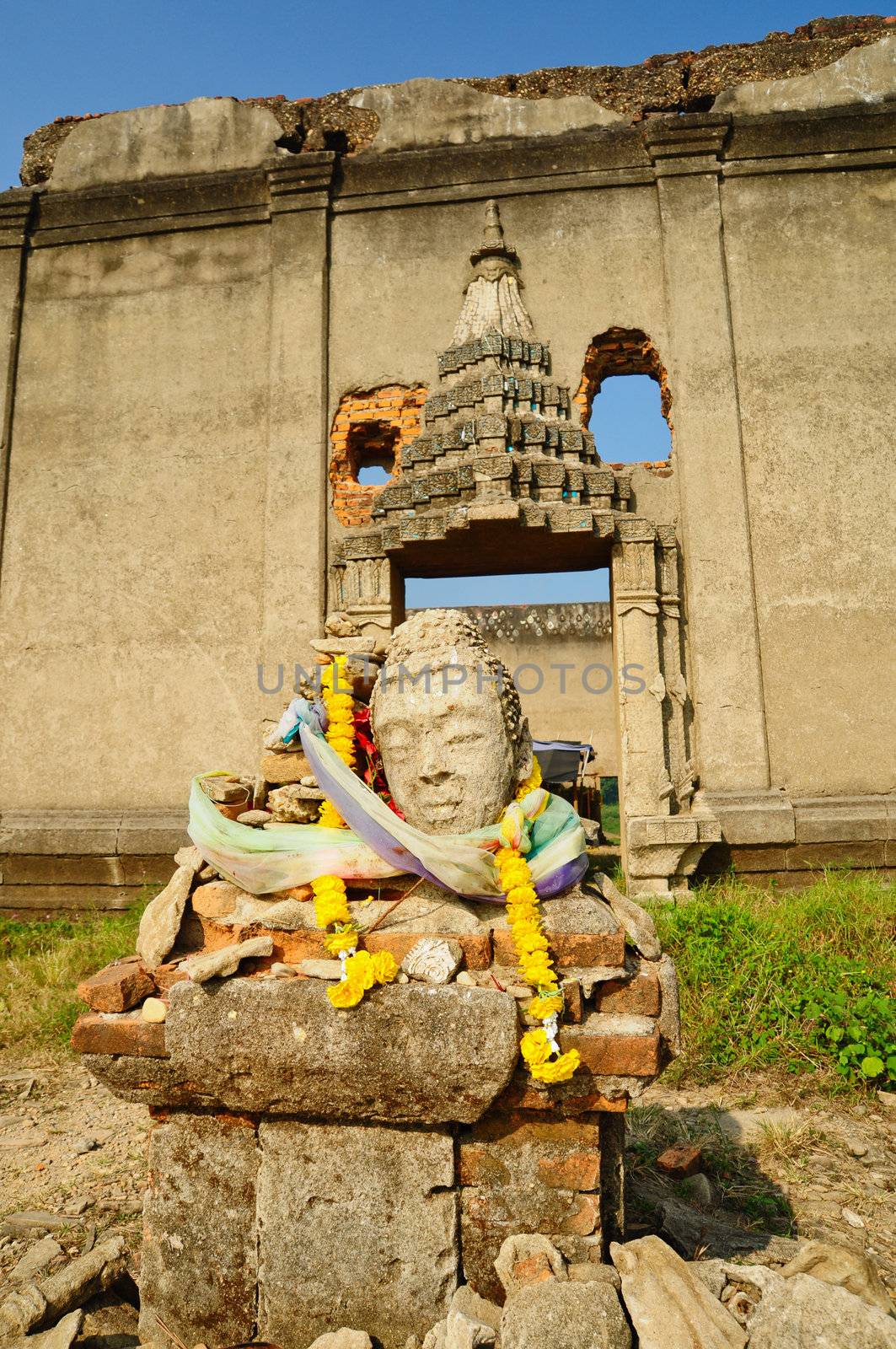 Head of Sandstone Buddha at Ruin Temple, Thailand