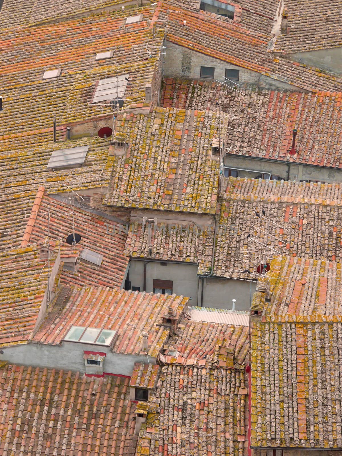 Roofs in San Gimignano in Italy seen from above.