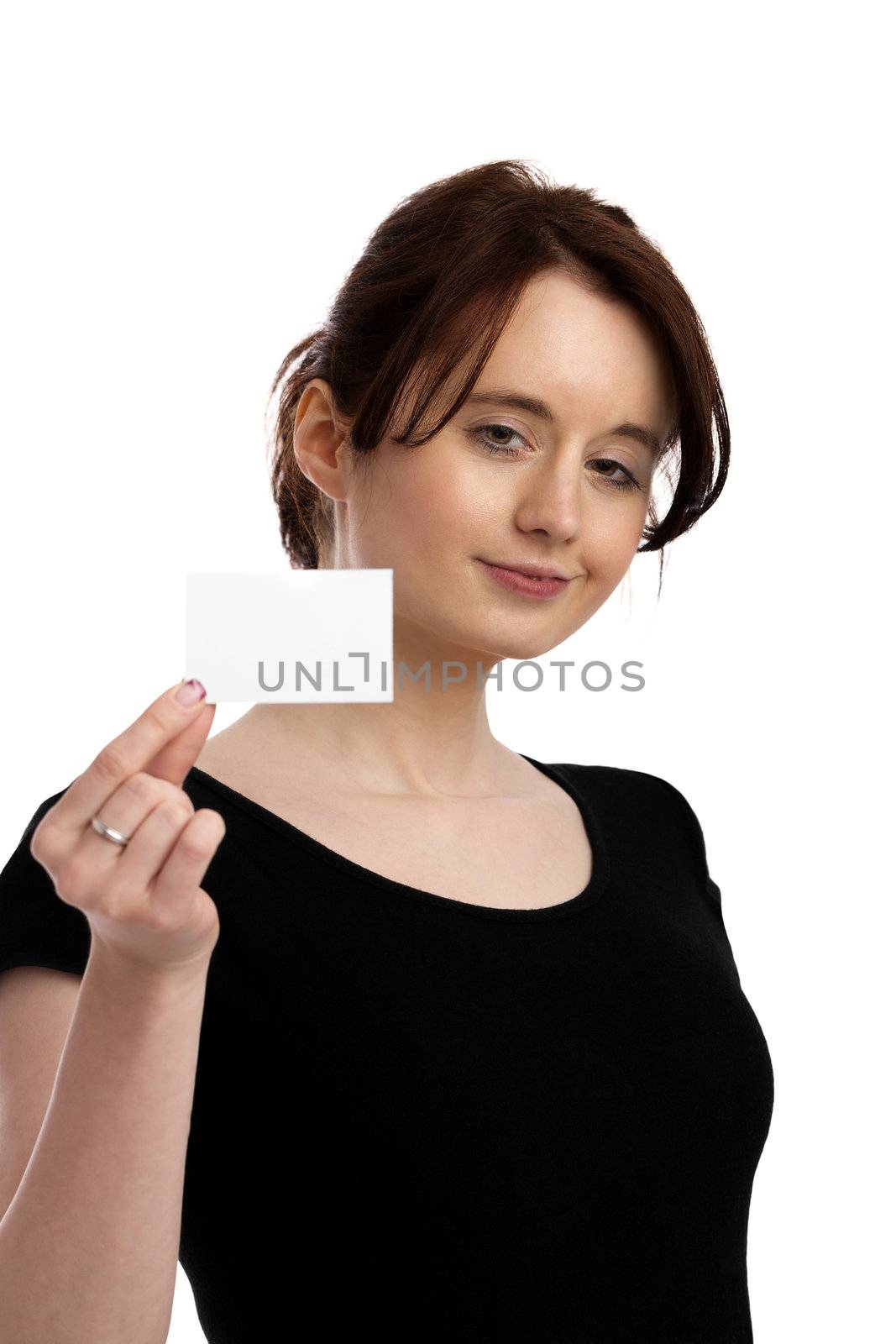 young beautiful woman in black shirt presenting business card