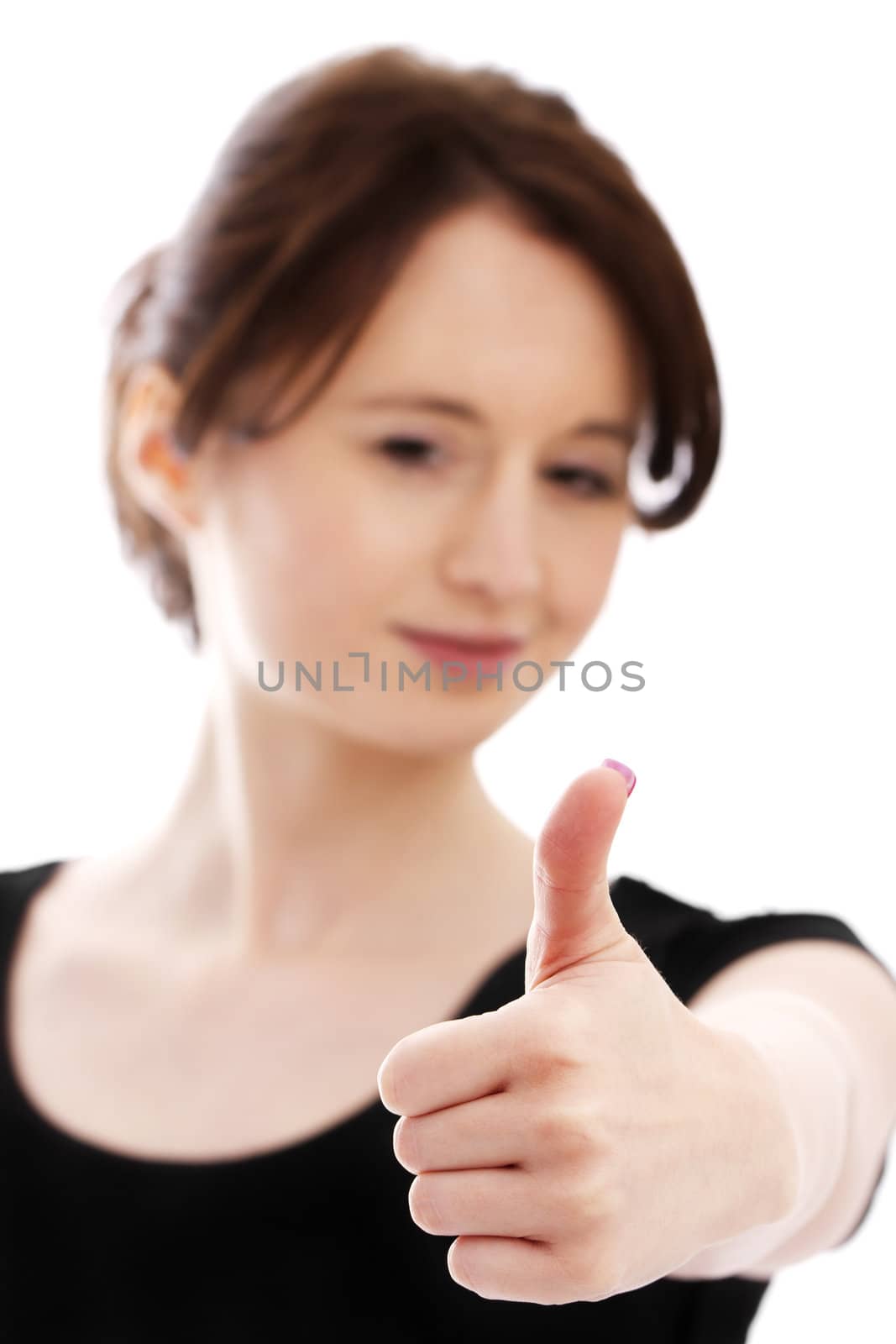 young pretty woman in black shirt shows thumb up