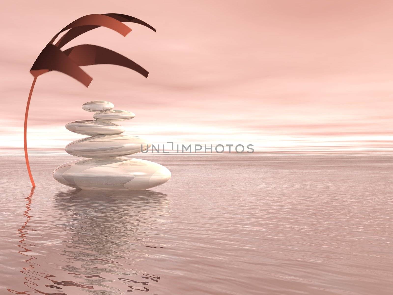 Balanced white stones upon the ocean and under a covering plant in a pink background