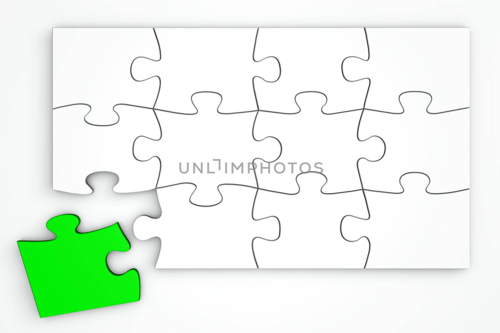 white puzzle template with a separate green piece next to it - top view