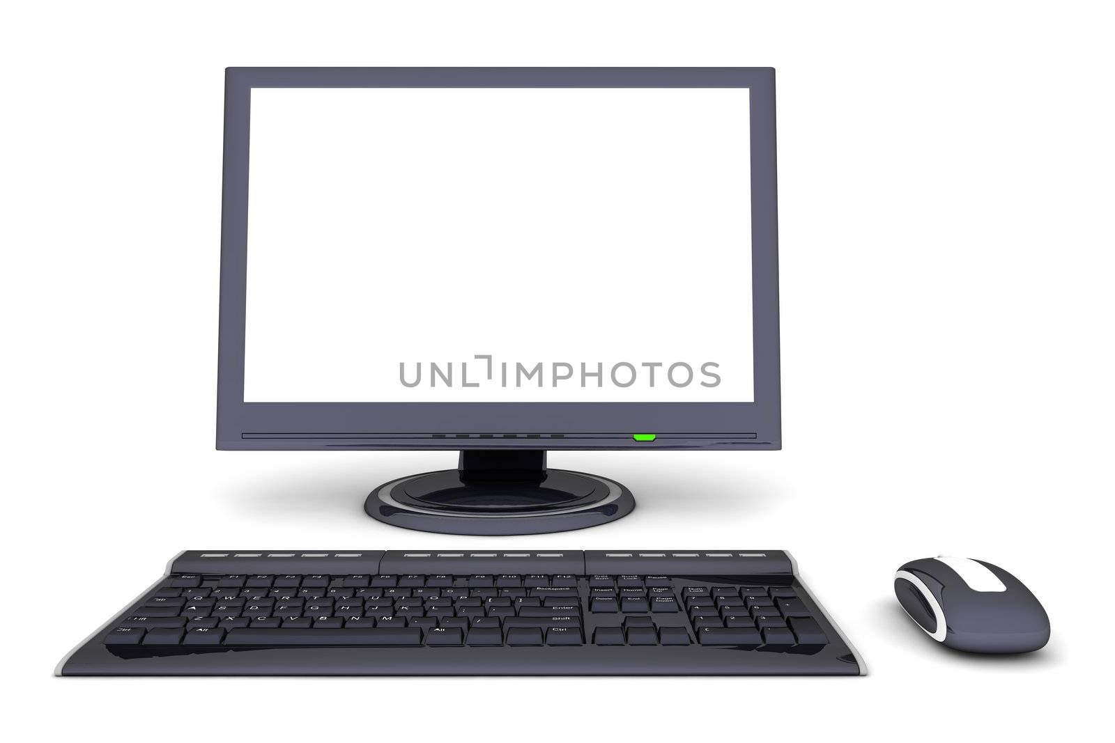 modern work desk with a black computer display, a wireless keyboard and a wireless mouse
