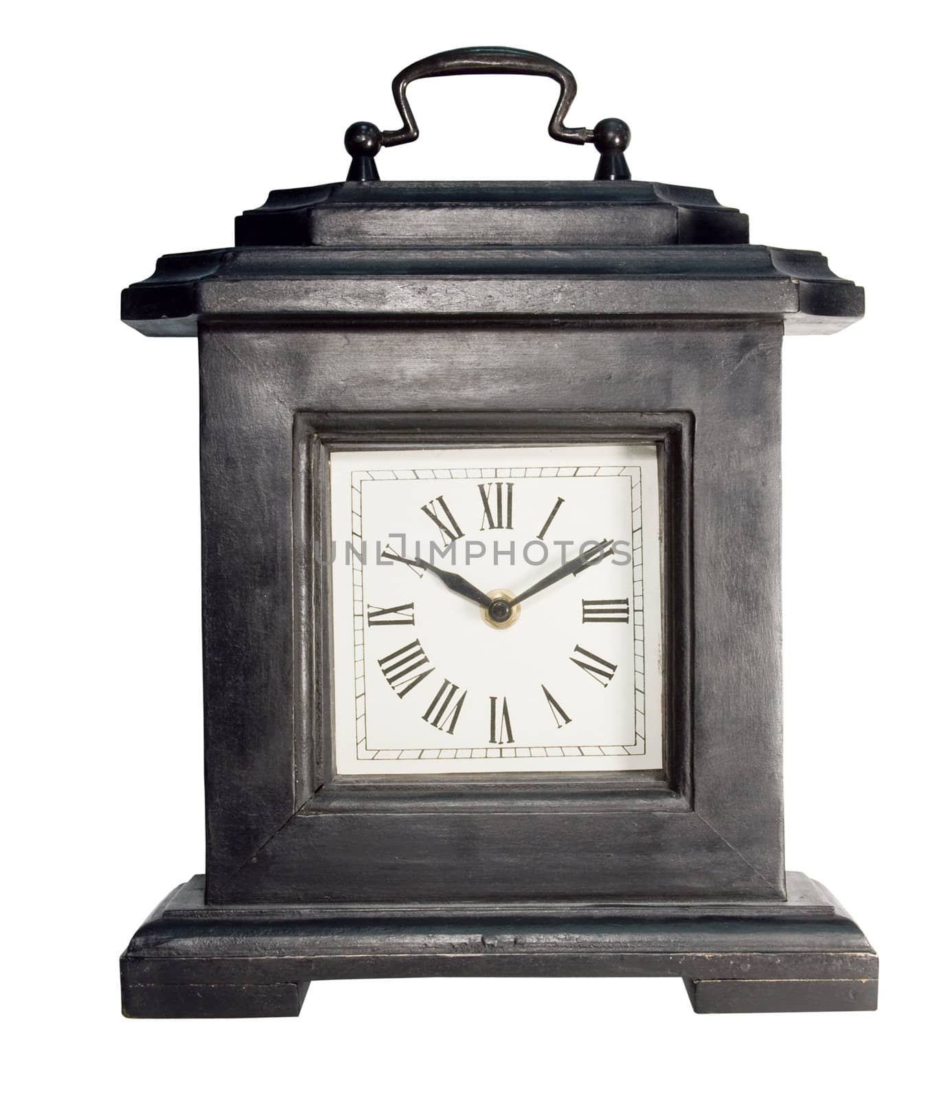 black wooden vintage mantle clock isolated over white with clipping path at original size