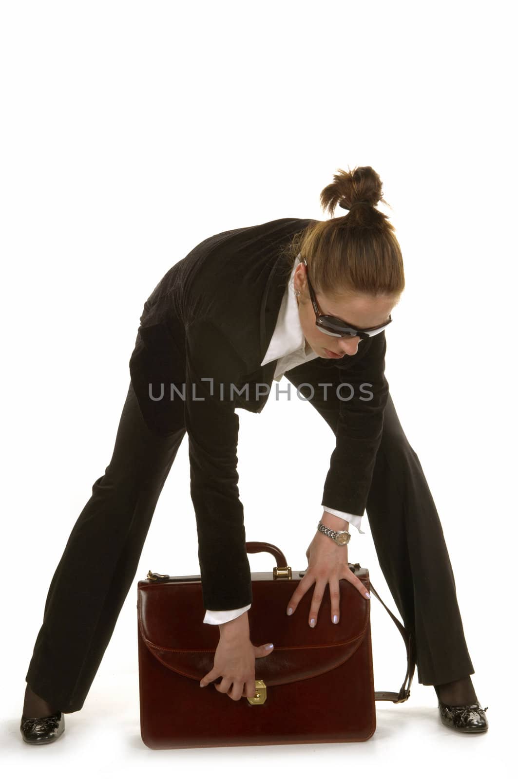 BusinessWoman care on briefcase by adamr