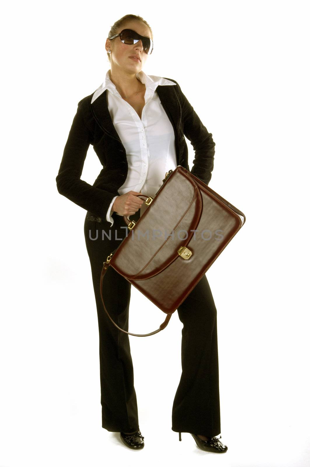 BusinessWoman care on briefcase by adamr