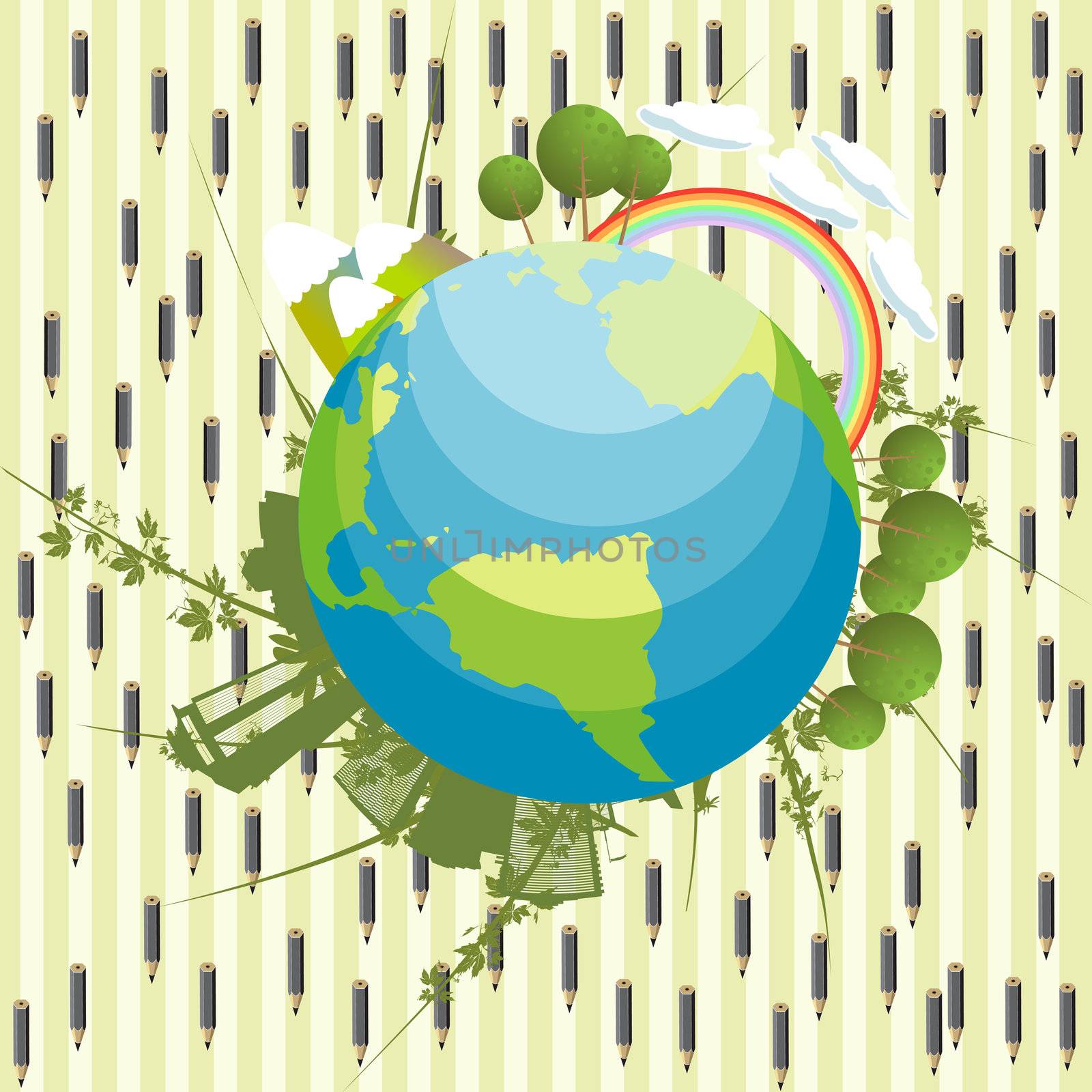 Abstract ecological background with planet Earth and graphic rain.