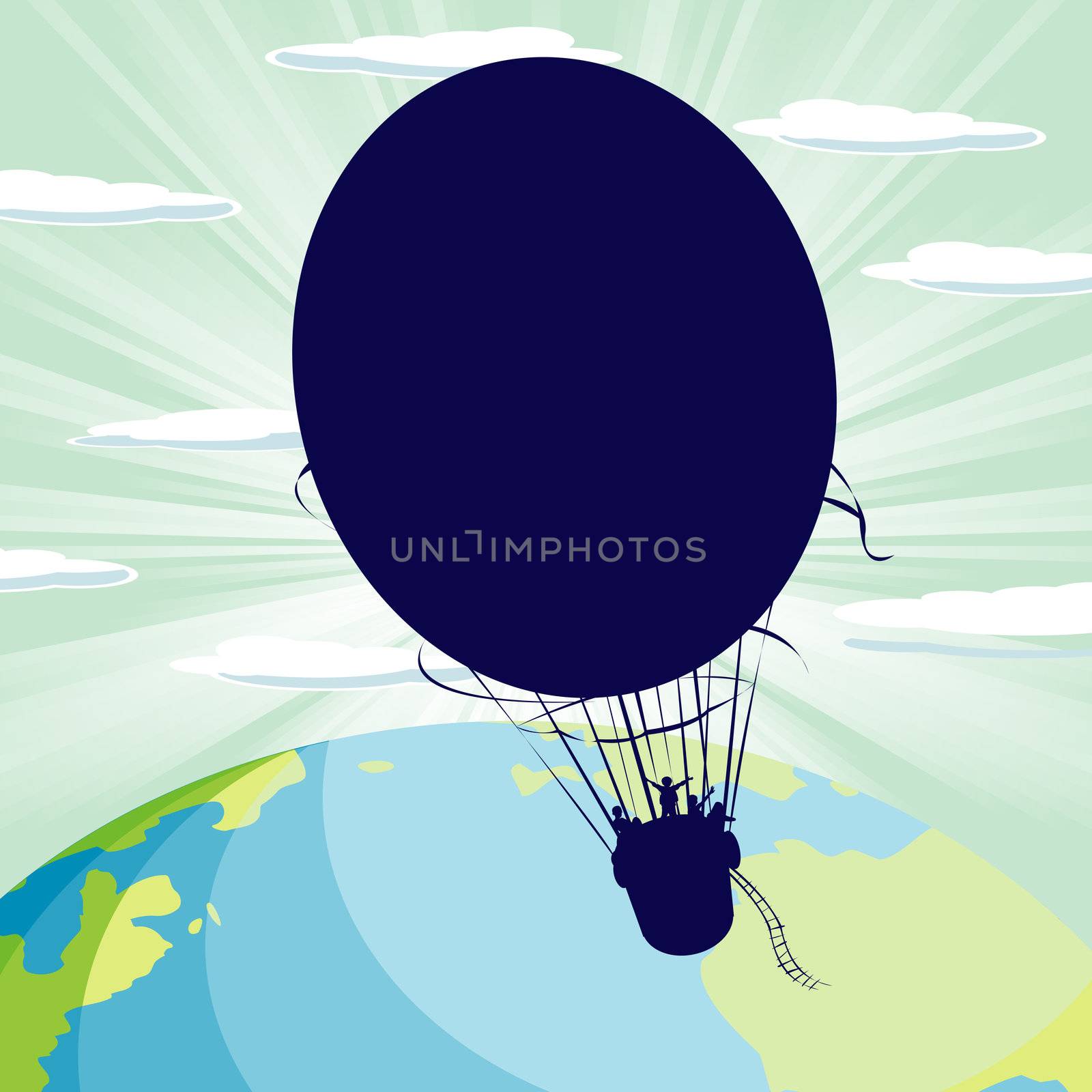 Cloudscape background with a hot air balloon on the blue sky flying over planet.