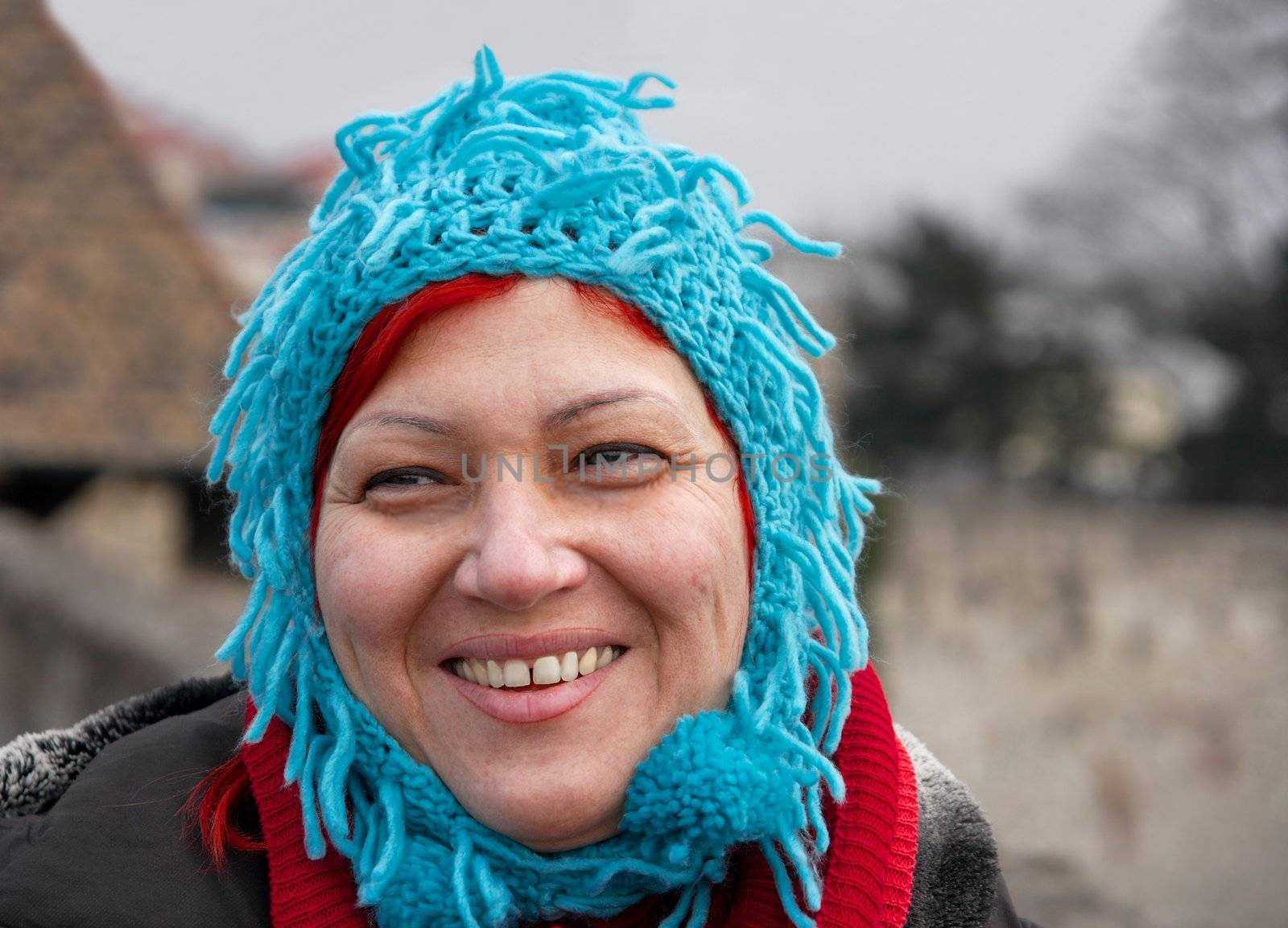 Woman in funny blue hat