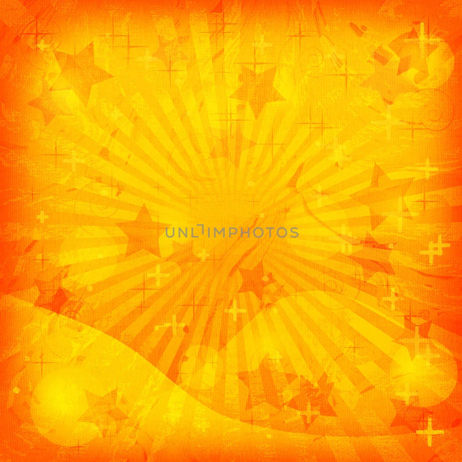 Abstract orange background, pattern with rays and star on a linen canvas