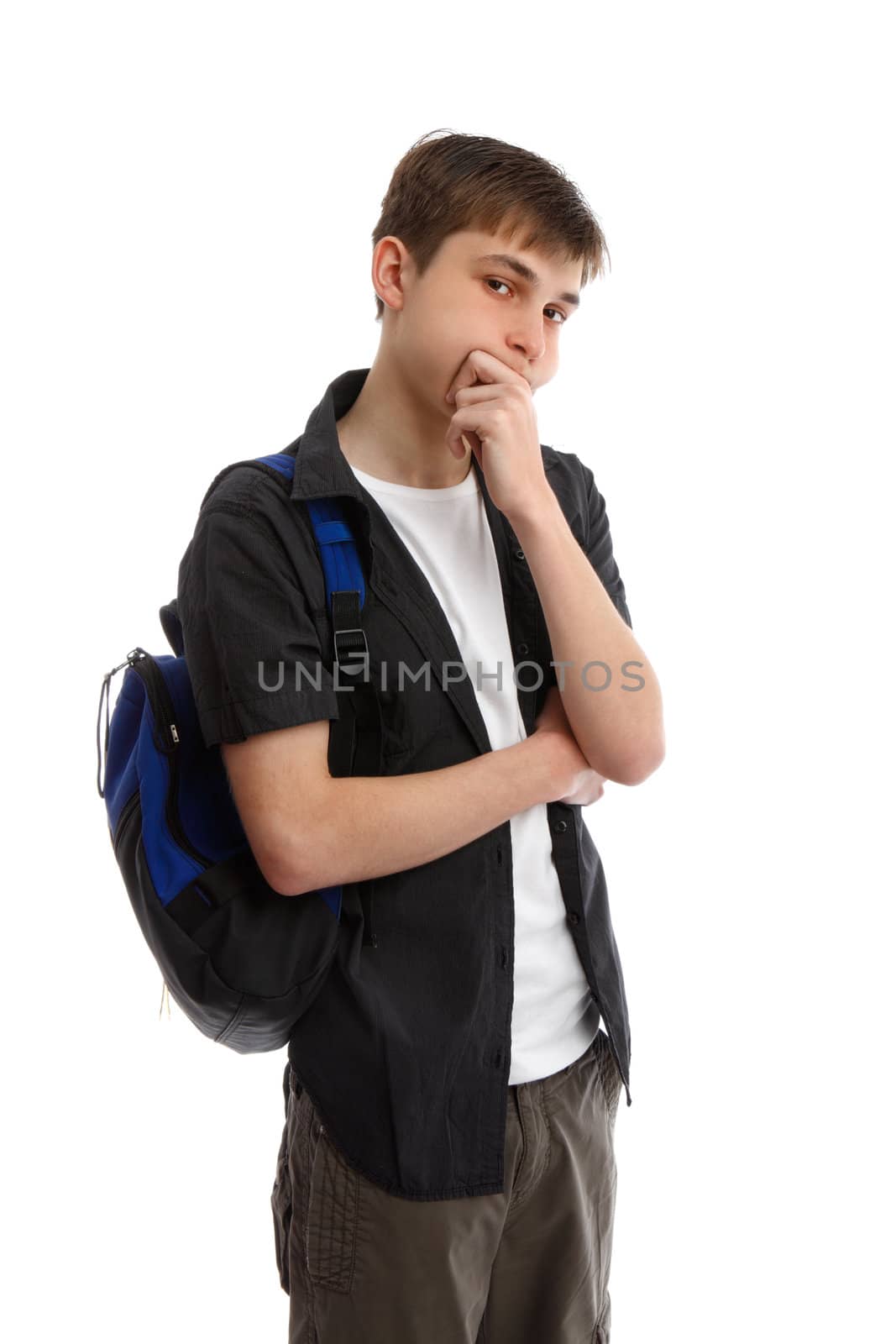 A male teenage student wearing casual clothes and carrying a backpack, is thinking, analysing or making a decision.  White background.