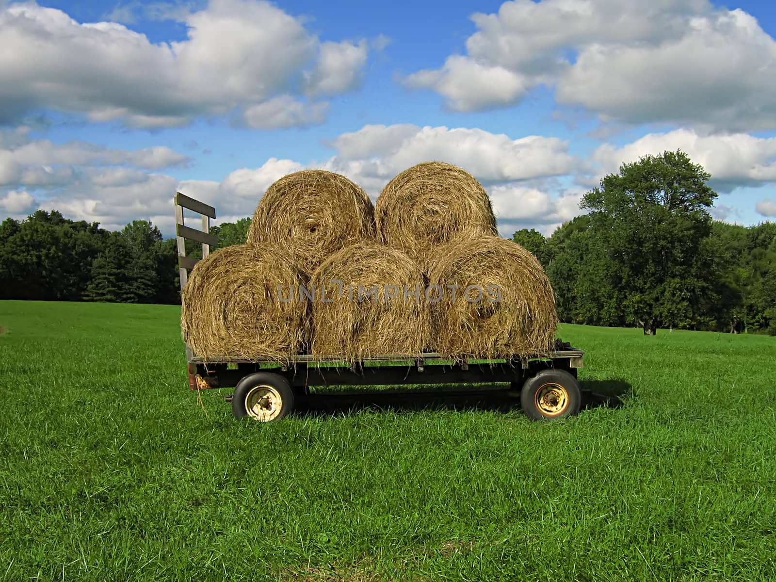 A photograph of a farm wagon loaded with hay.
