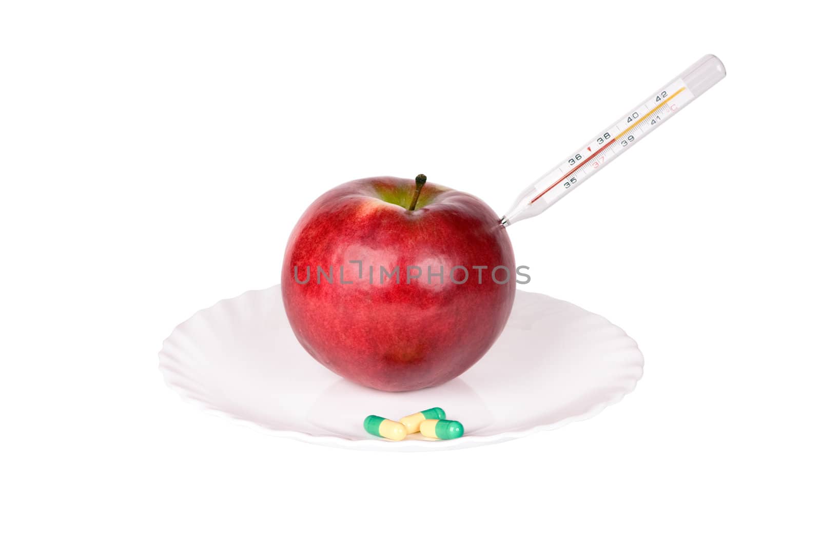 red apple with thermometer isolated on white background