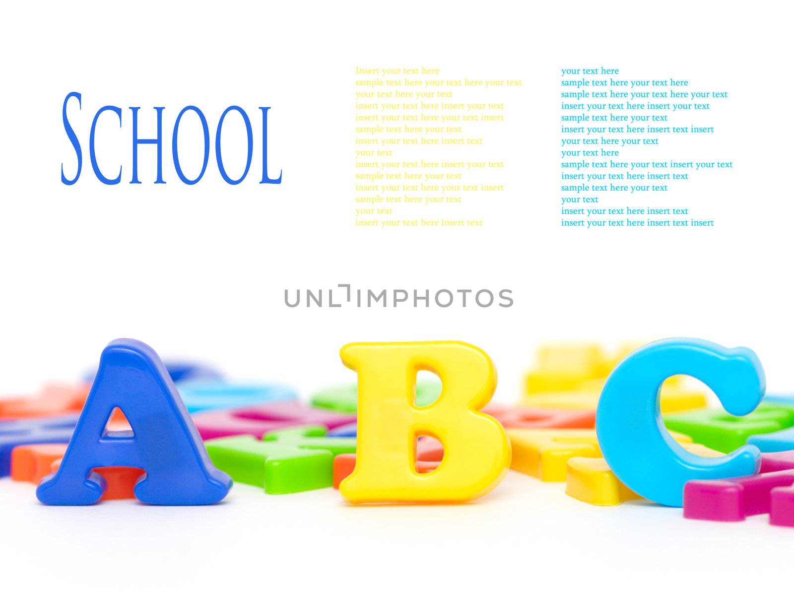 Colorful magnet letters isolated on white background (with space for sample text)