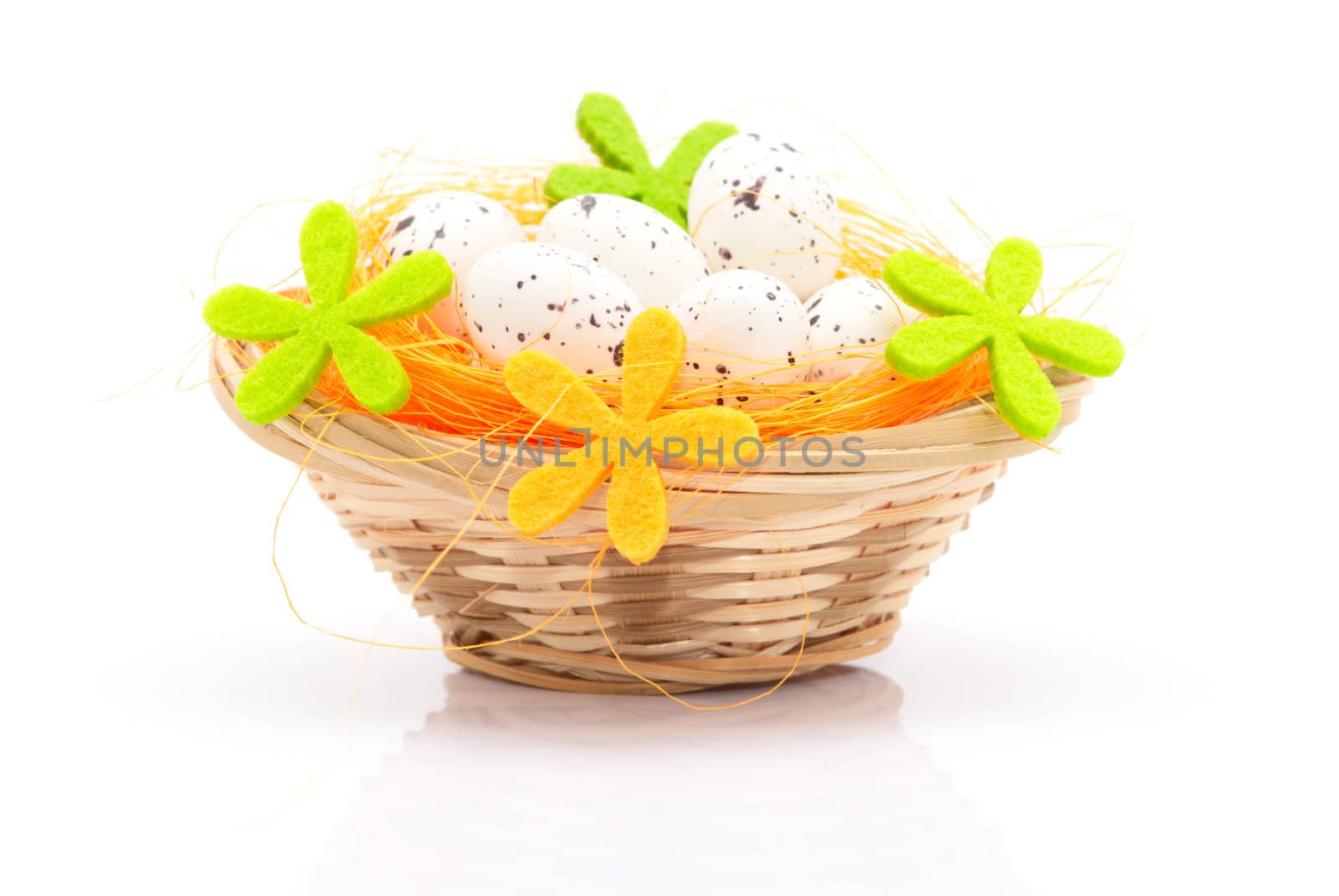 Easter eggs in basket isolated on white background