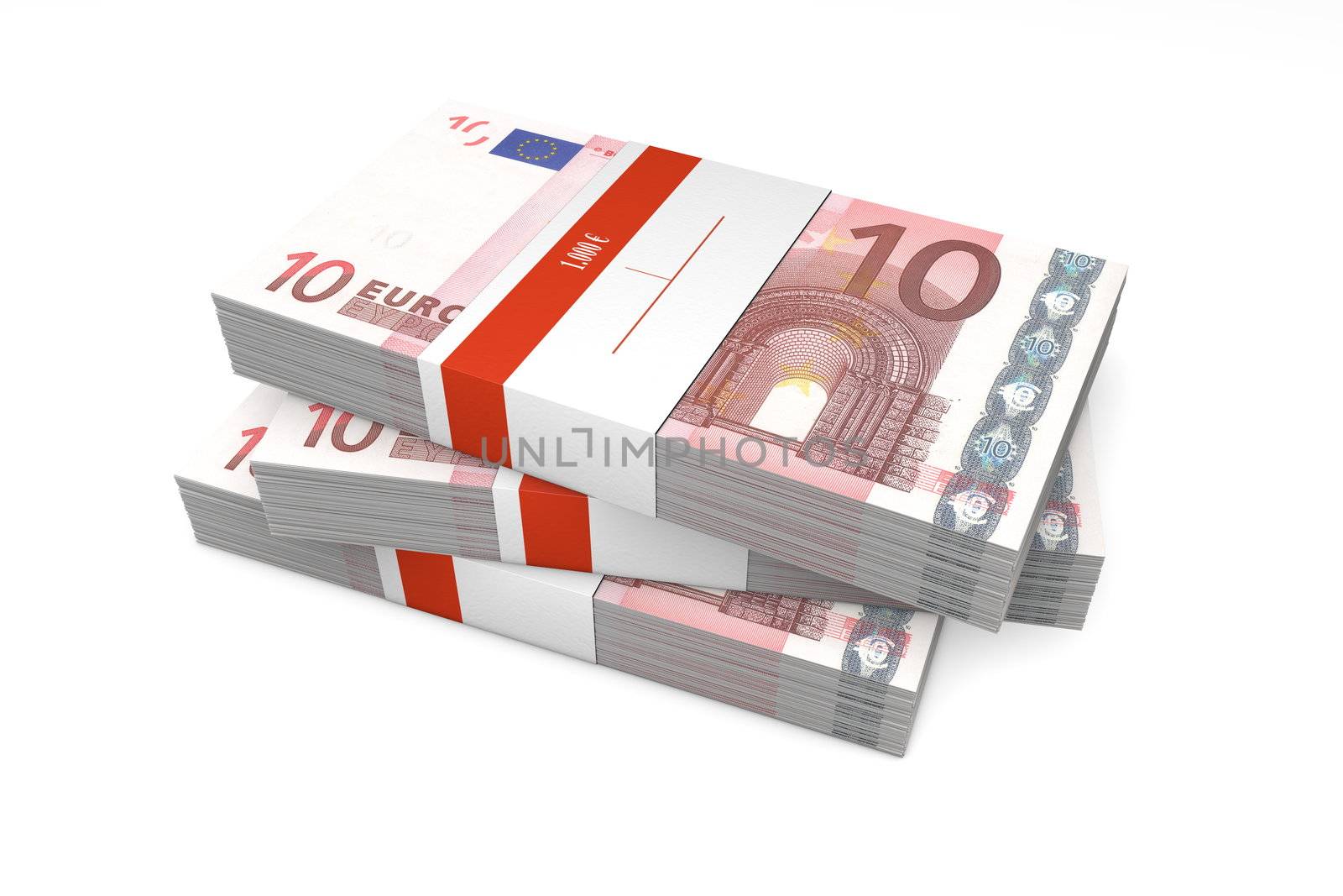 three packet of 10 Euro notes with bank wrapper - 1.000 Euros each