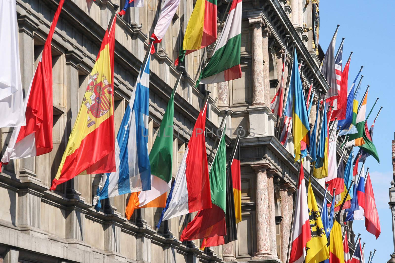International flags on City Hall of Antwerp, Belgium