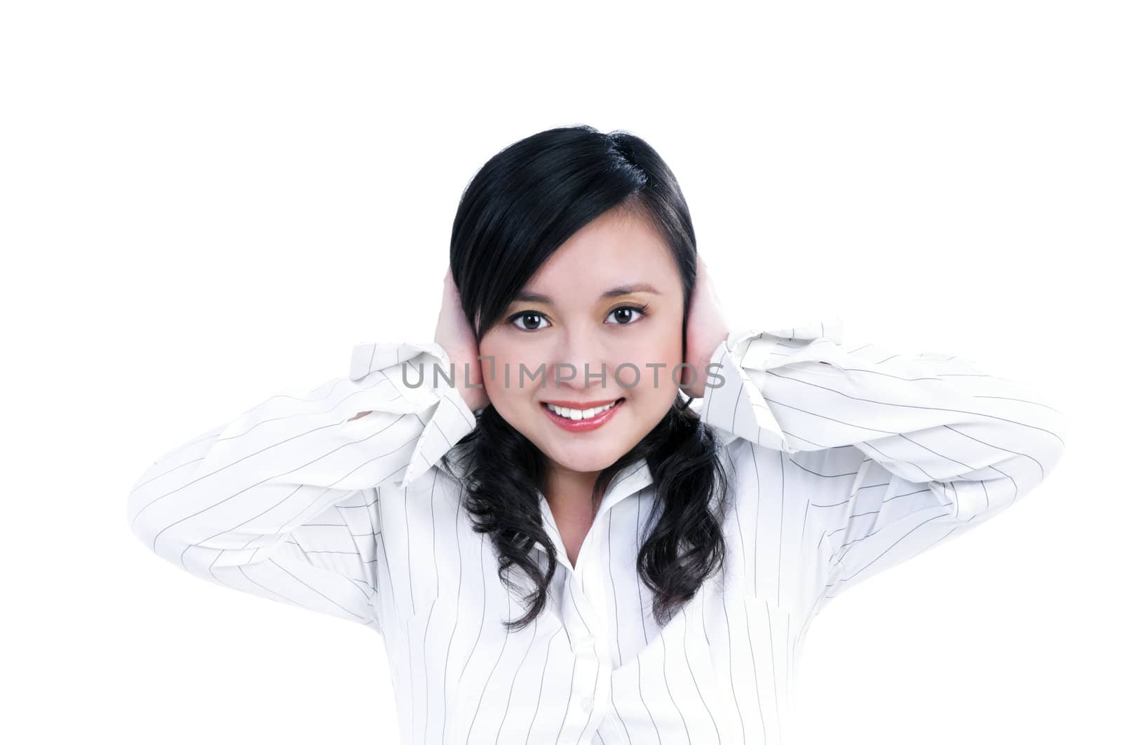 Portrait of a beautiful businesswoman covering ears with her hands, isolated on white.