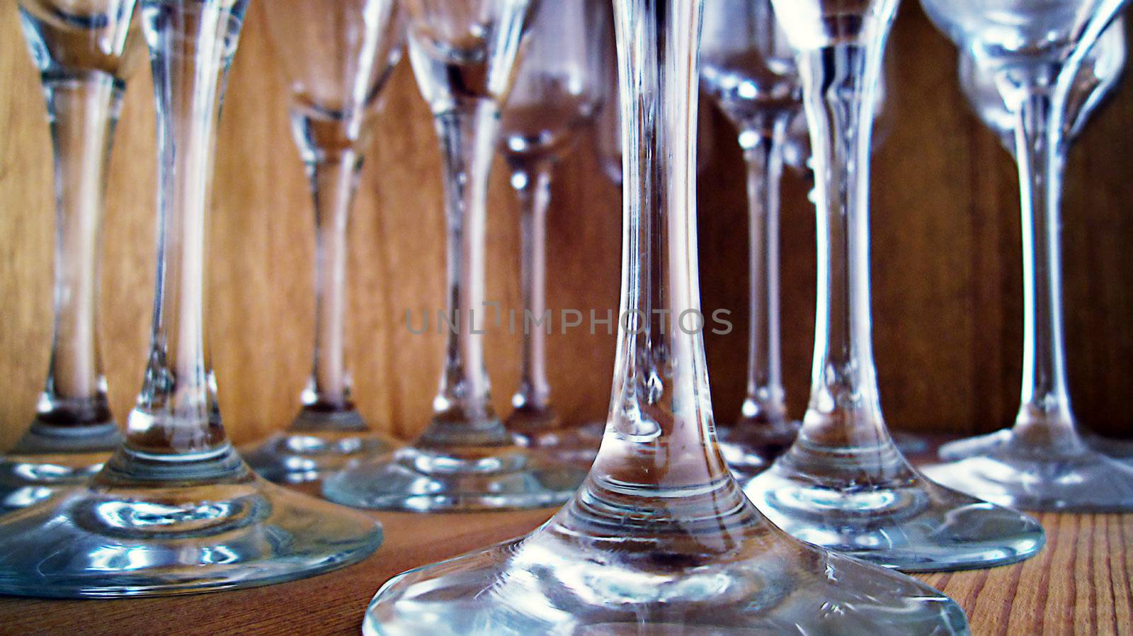 details of white glasses for champagne and wine
