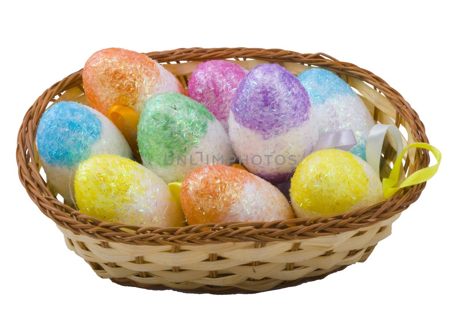 a basket of colourful easter eggs isolated on the white background