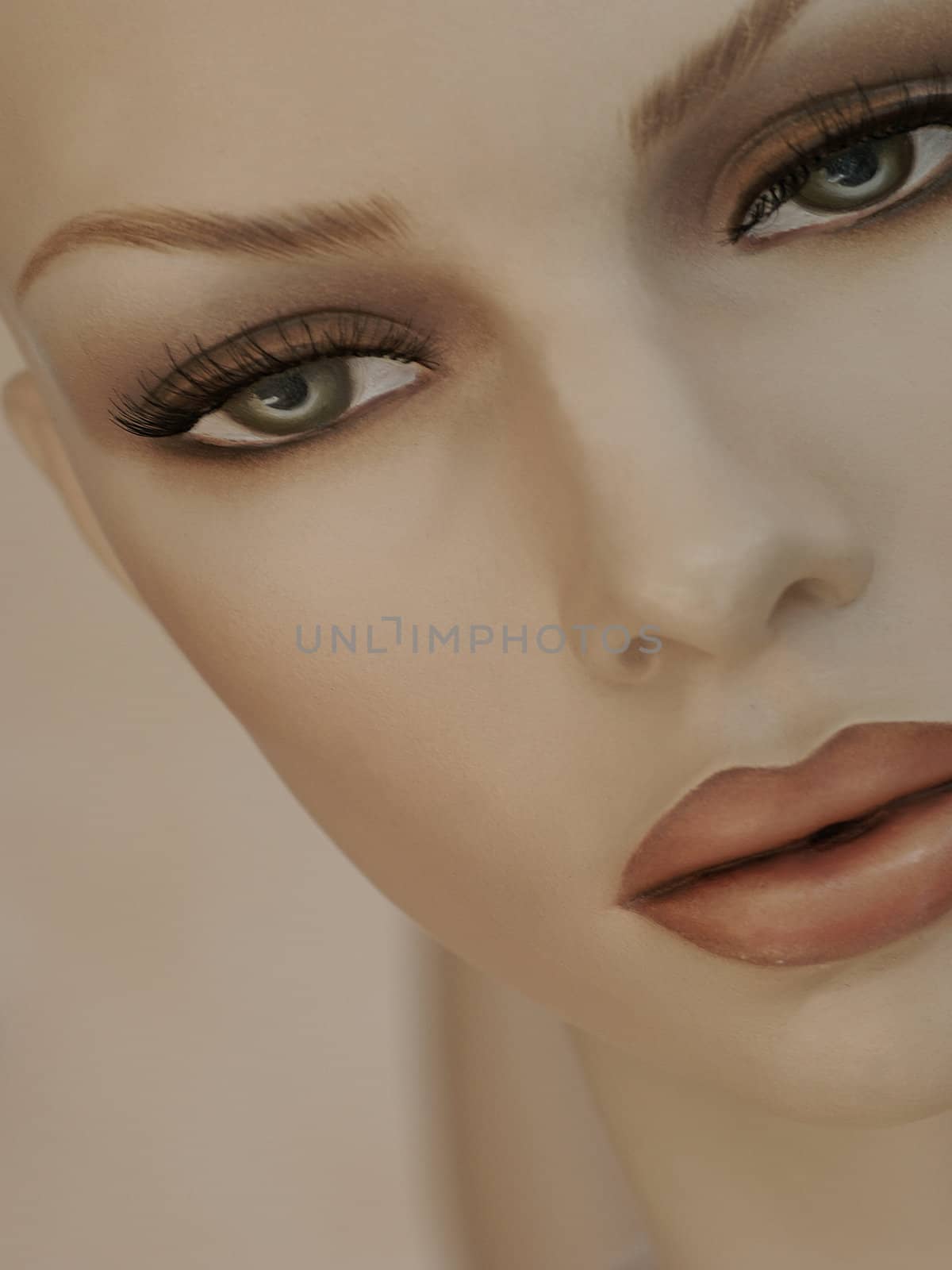 Close up of a beautiful mannequin's face.             