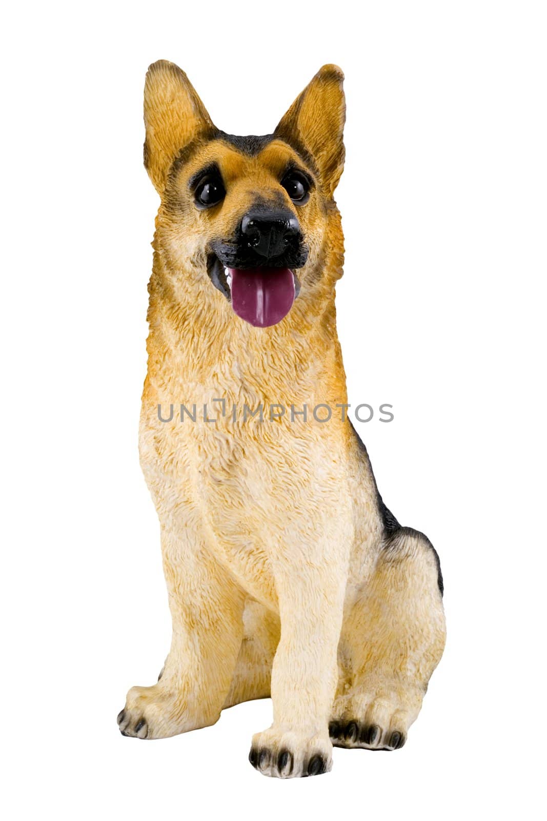 a small plastic toy doggie isolated on the white background