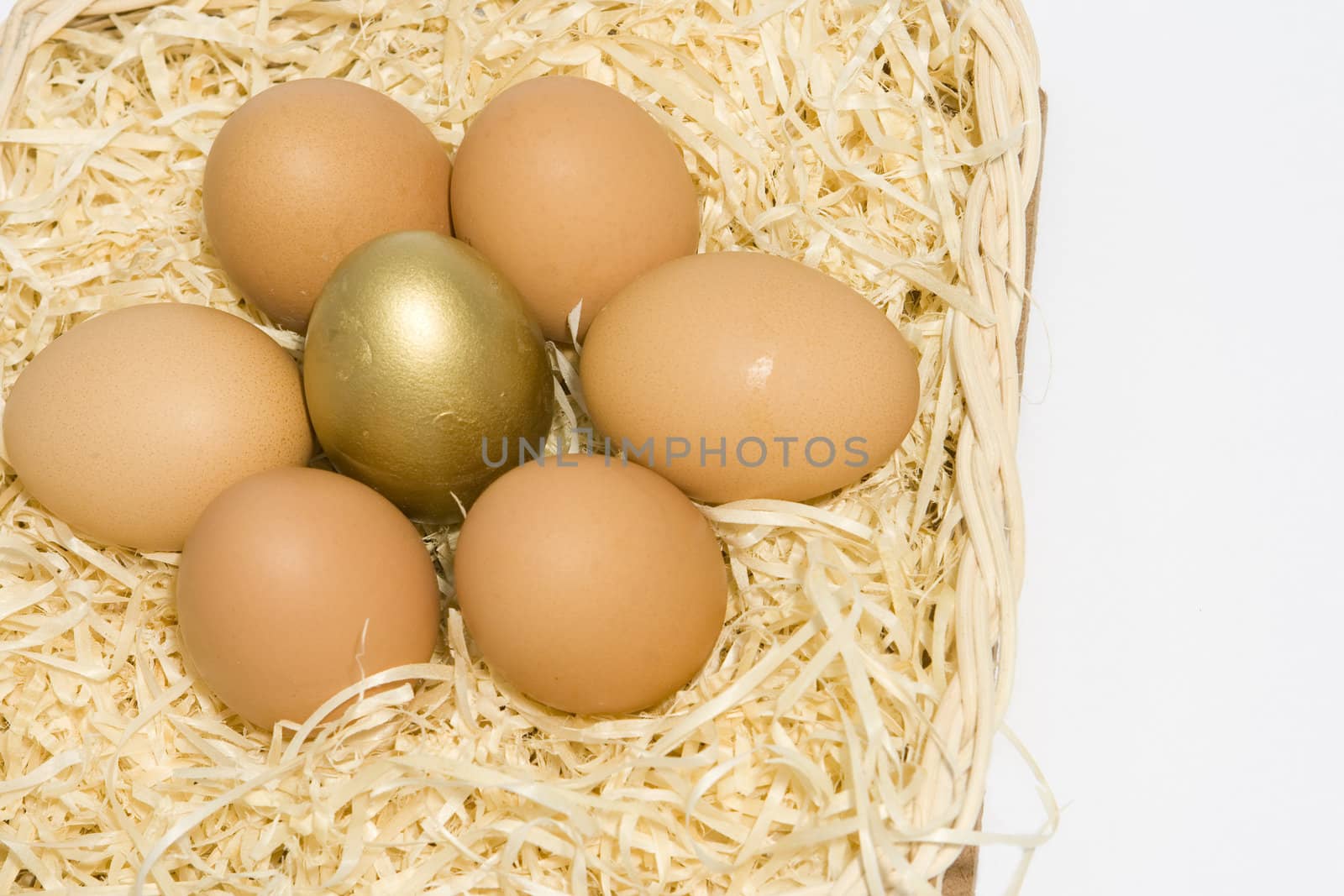 Eggs in a basket, with golden egg in centre