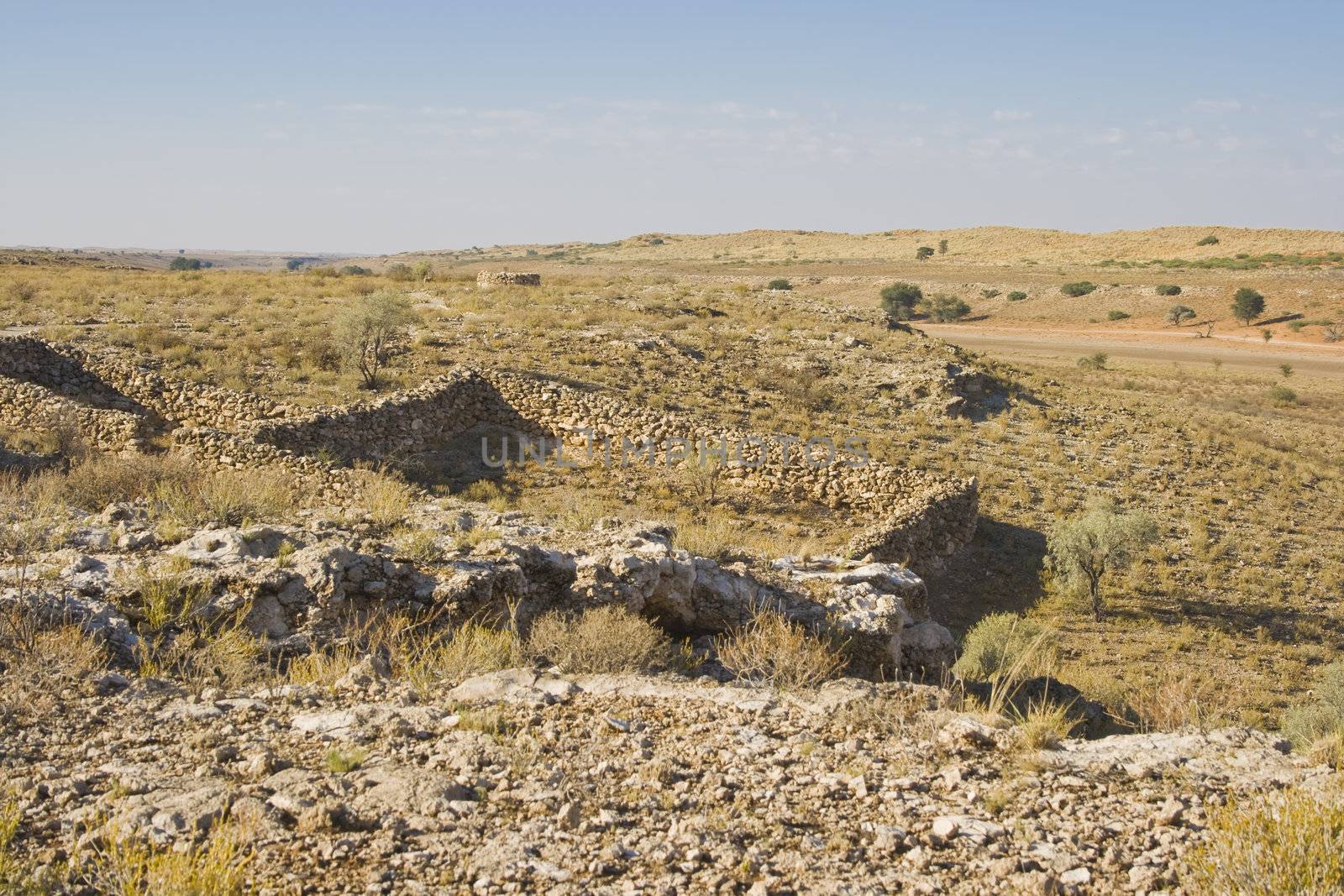 Old ruins of a cattle pen in the Kalahari