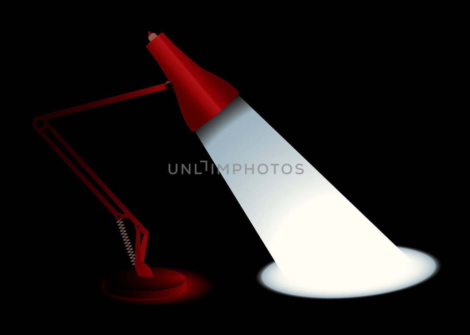 Red desk lamp with bright white light and copy space