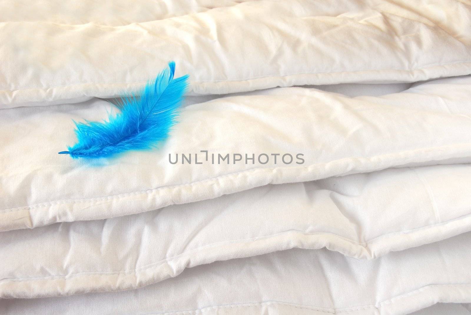 white folded cotton duvet background with blue feather