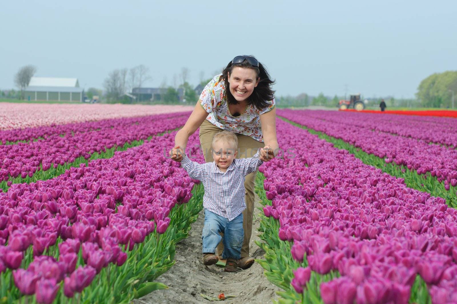 In Tulip Field. Mother with son in tulips field by maxoliki