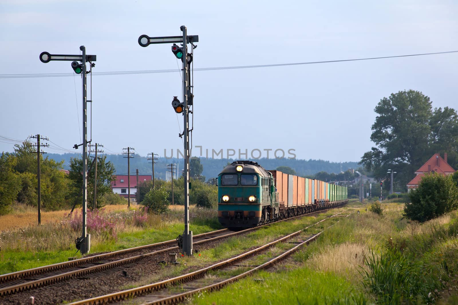 Freight train hauled by the diesel locomotives stopped on the station
