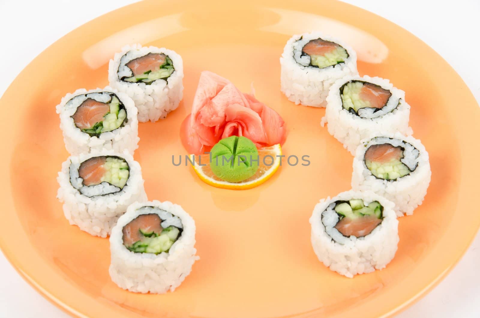 Closeup japanese sushi set at plate on a white