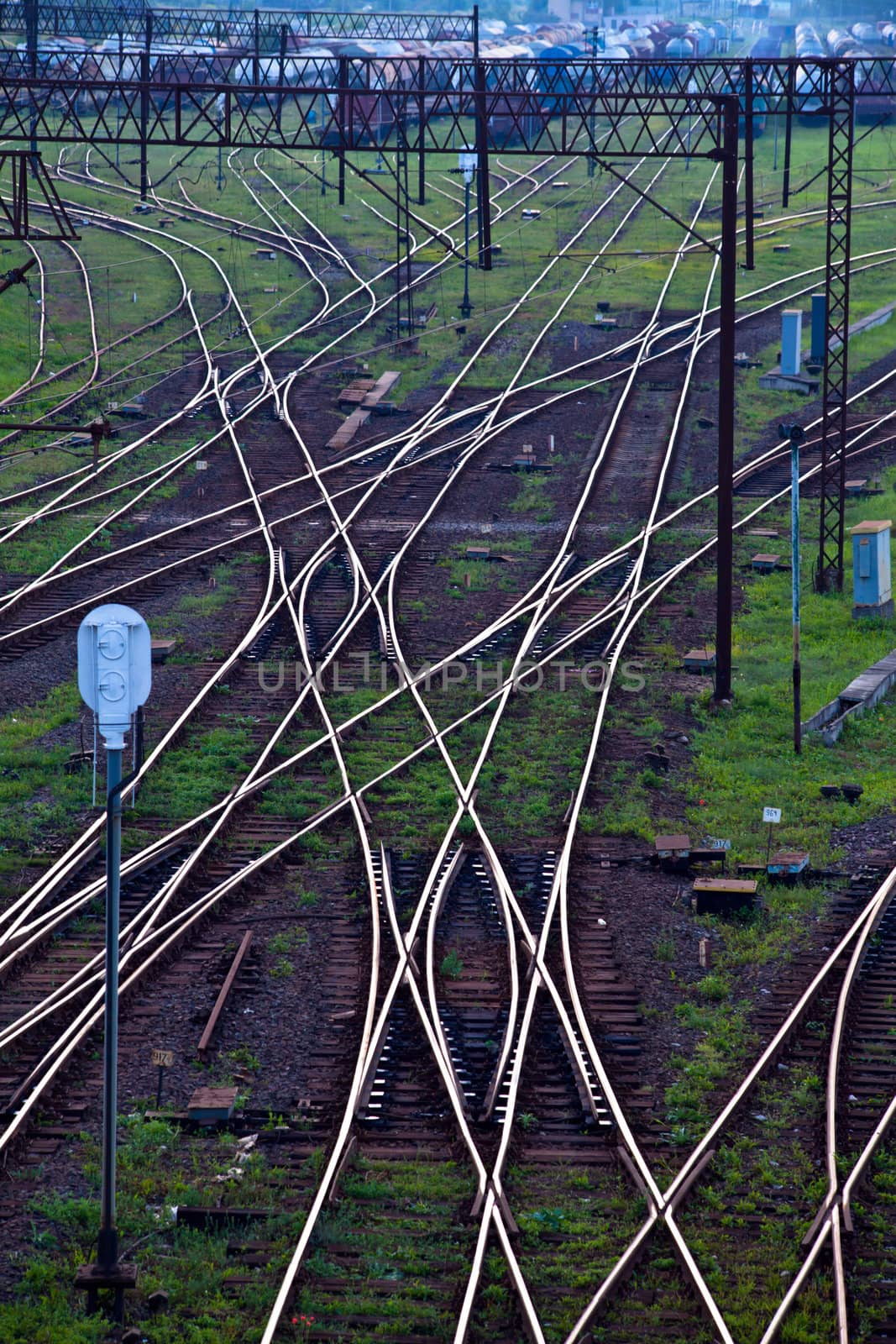 Aerial view of a railroad track junction
