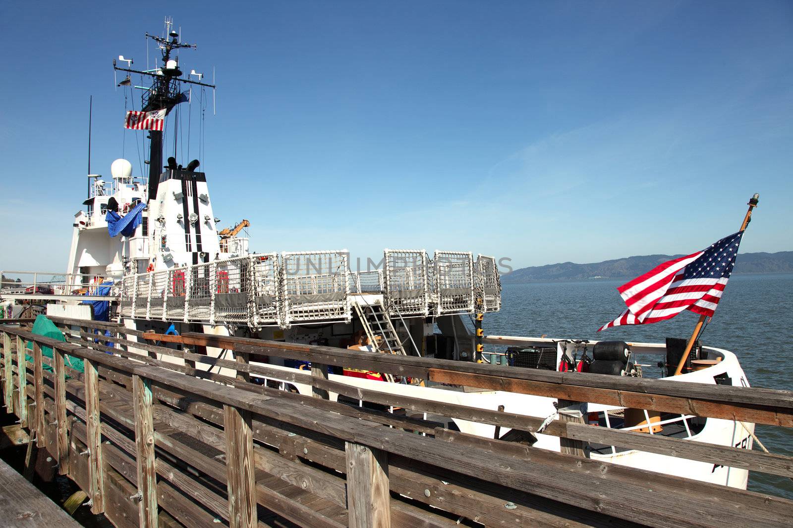 A coast guard ship anchored for the service in Astoria Oregon.