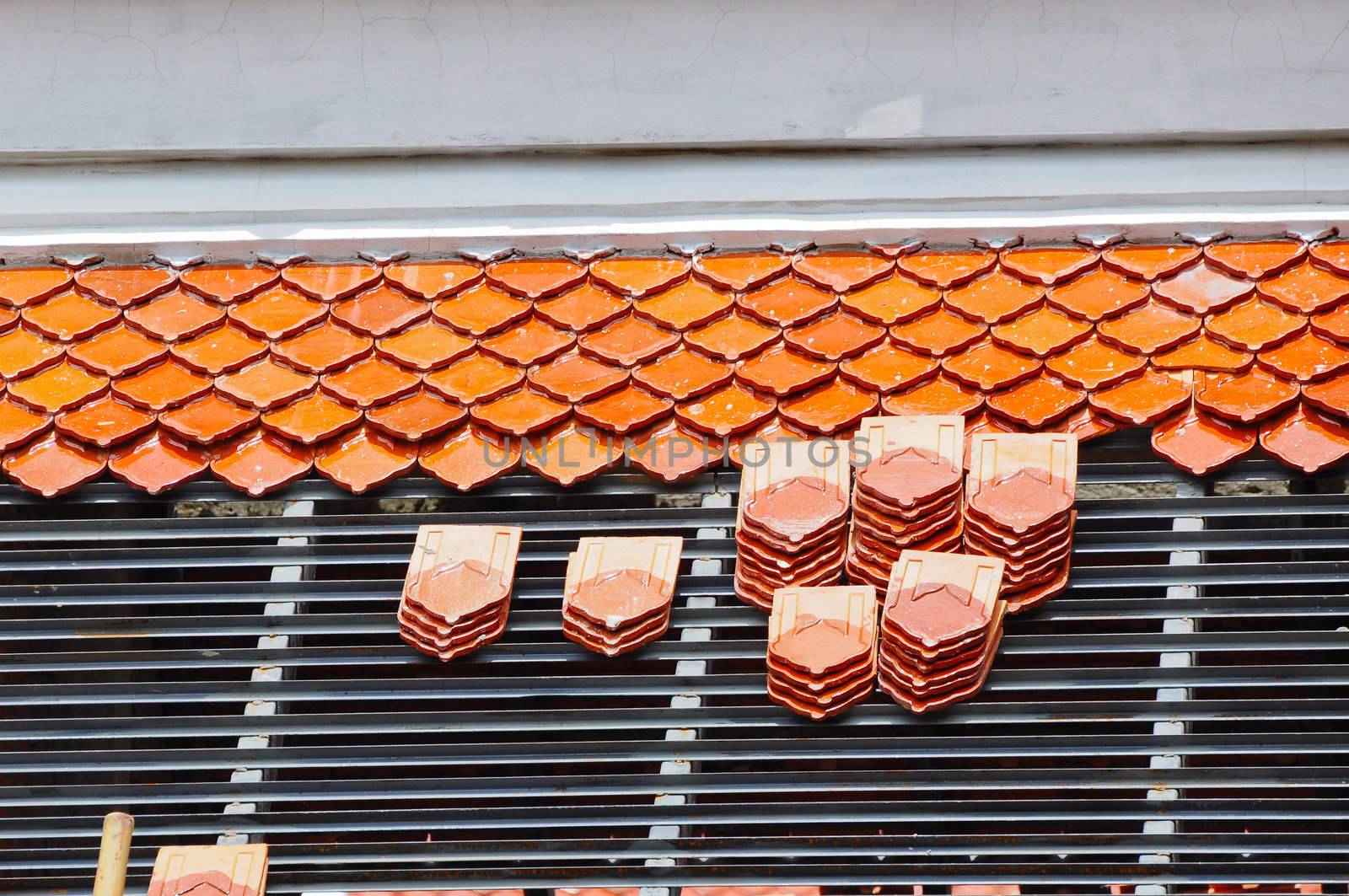 Repairing the roof of a temple in Thailand
