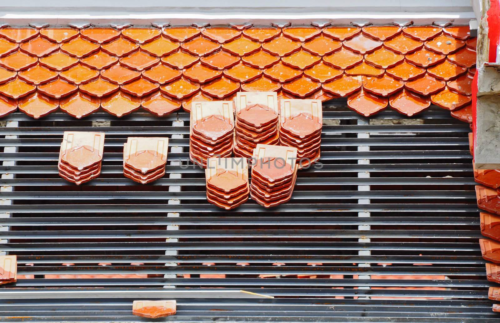 Repairing the roof of a temple in Thailand