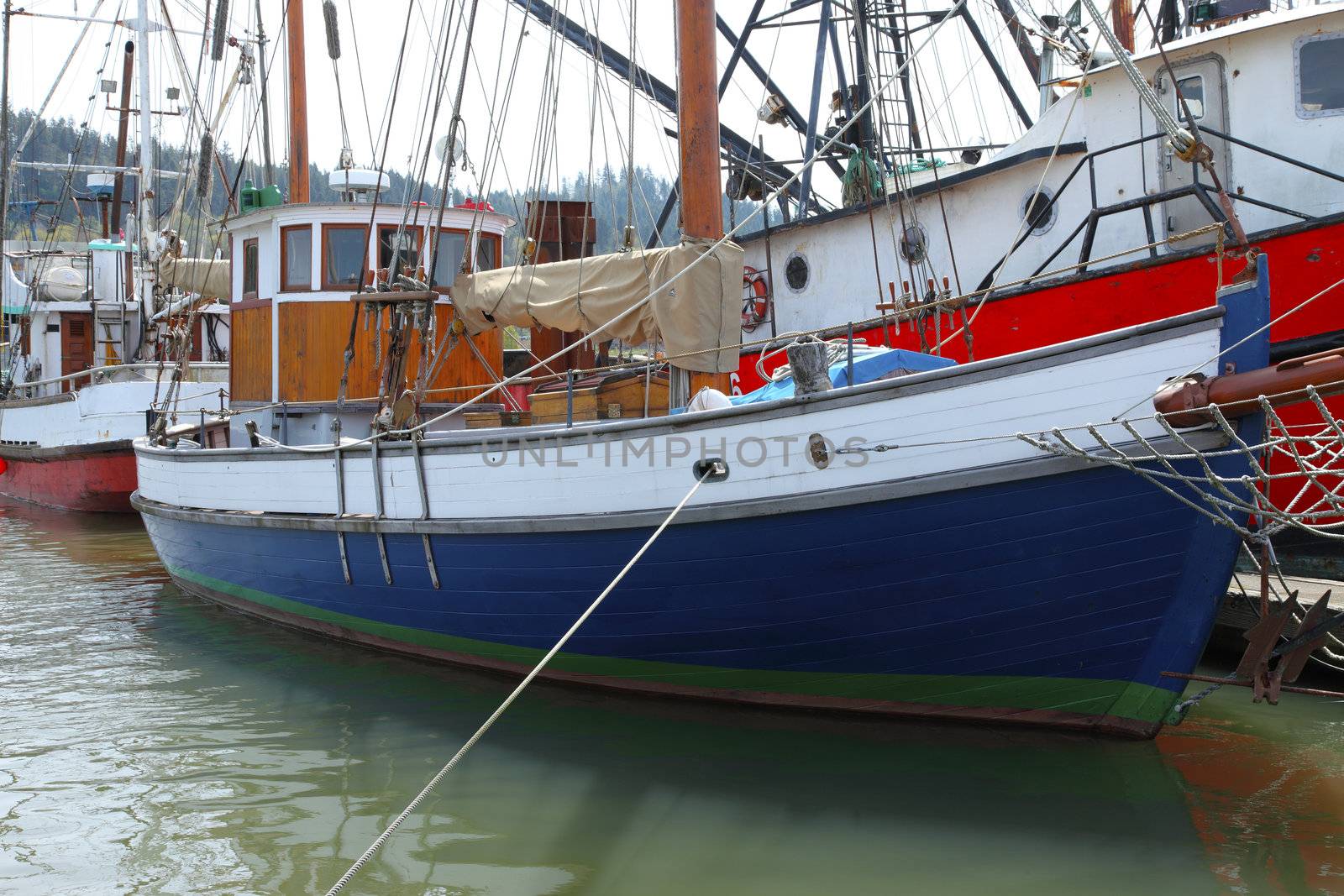 Fishing boats moored at a pier in Astoria Oregon.