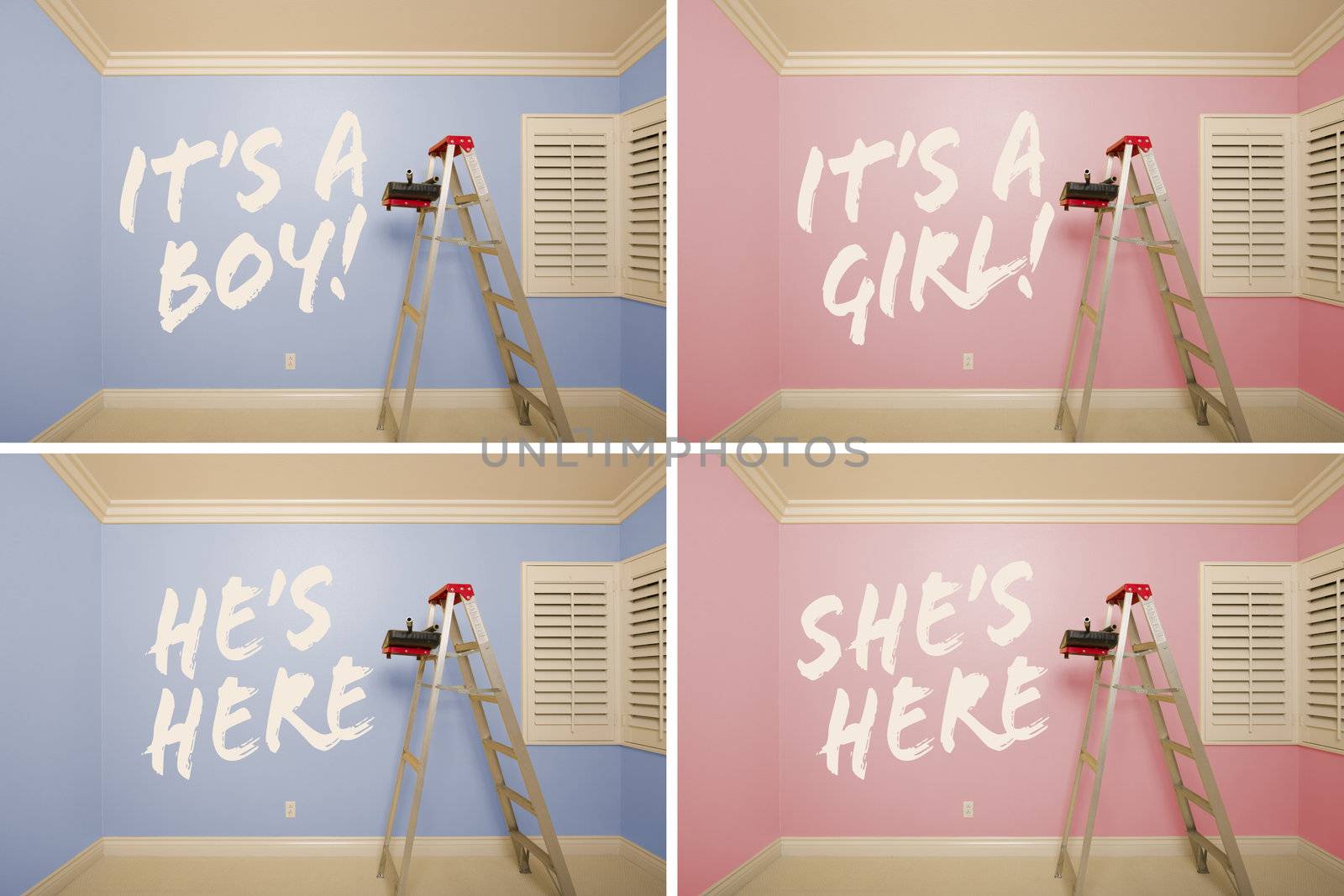 Maternity Series of Pink And Blue Empty Rooms with Ladder and Paint Supplies - XXXL.