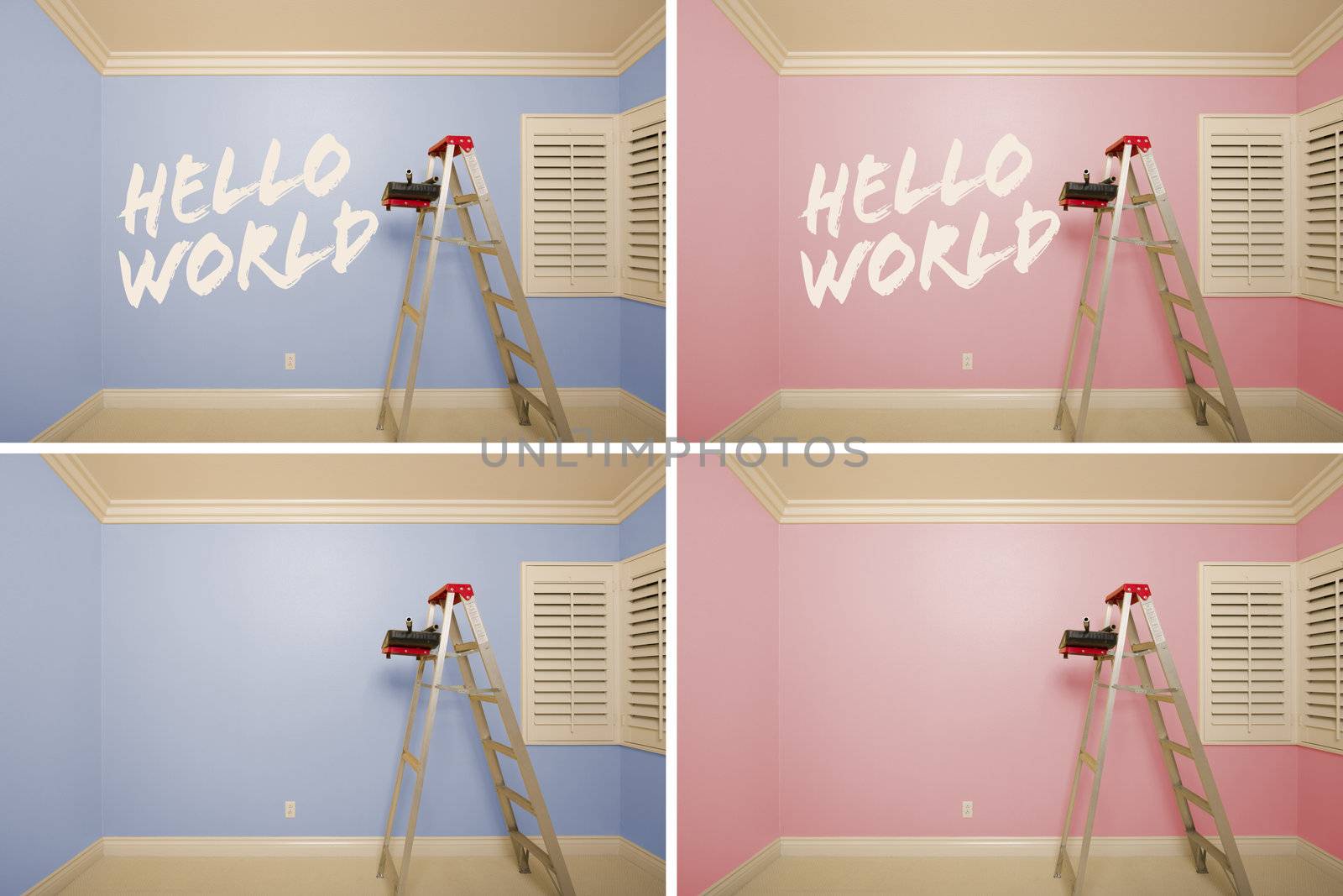 Maternity Series of Pink And Blue Empty Rooms with Ladder and Paint Supplies - XXXL.