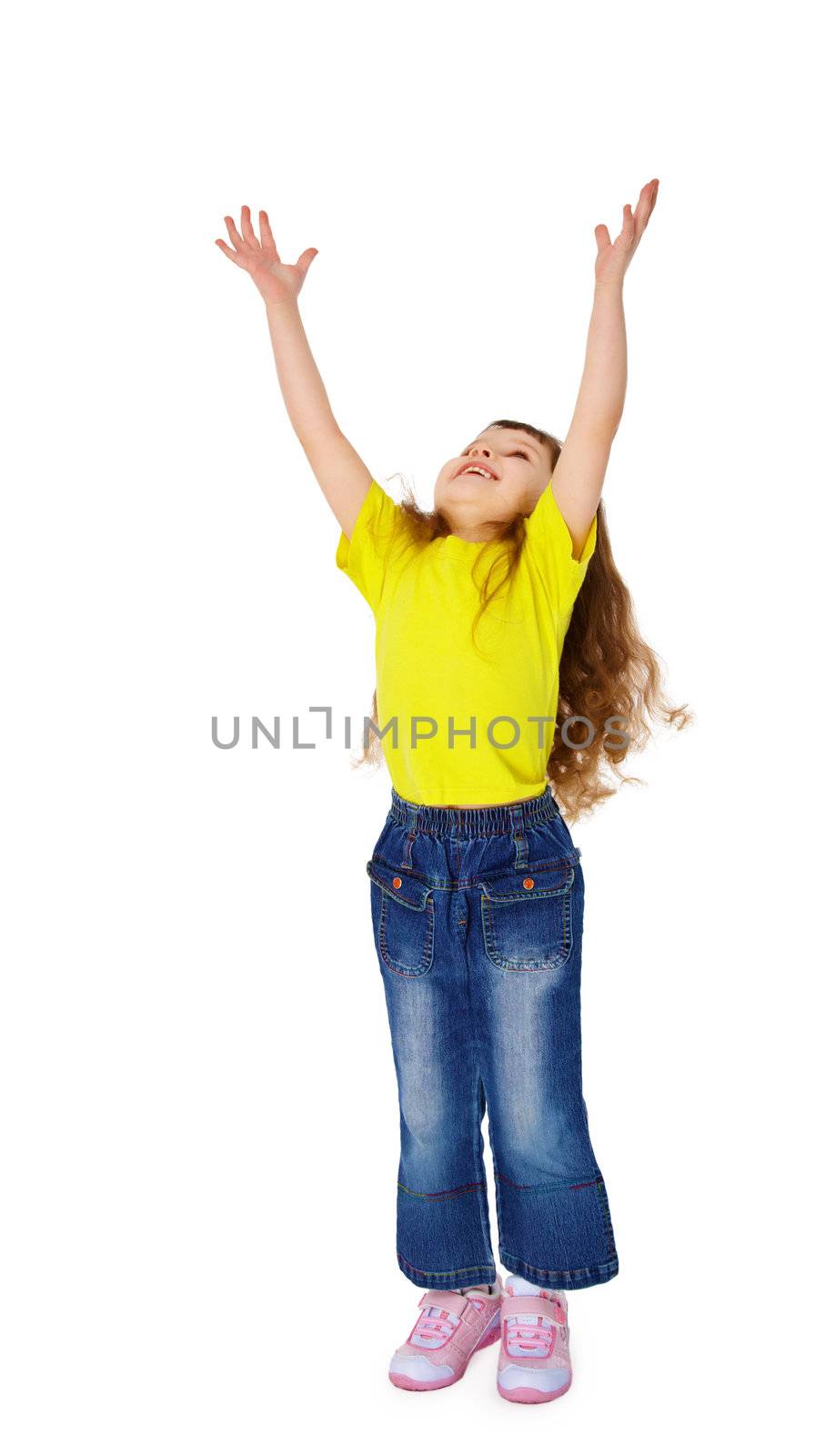 Little funny girl stretched his hands up isolated on white background