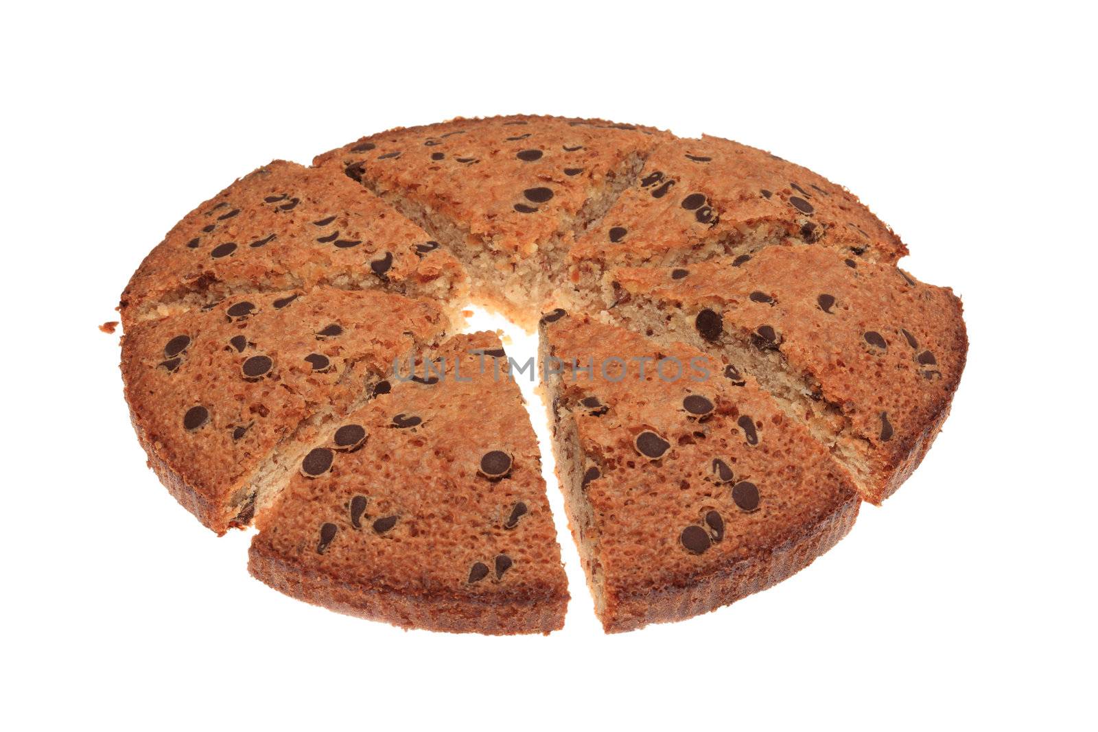 Image of a sliced round cake with chocolate isolated against a white background.