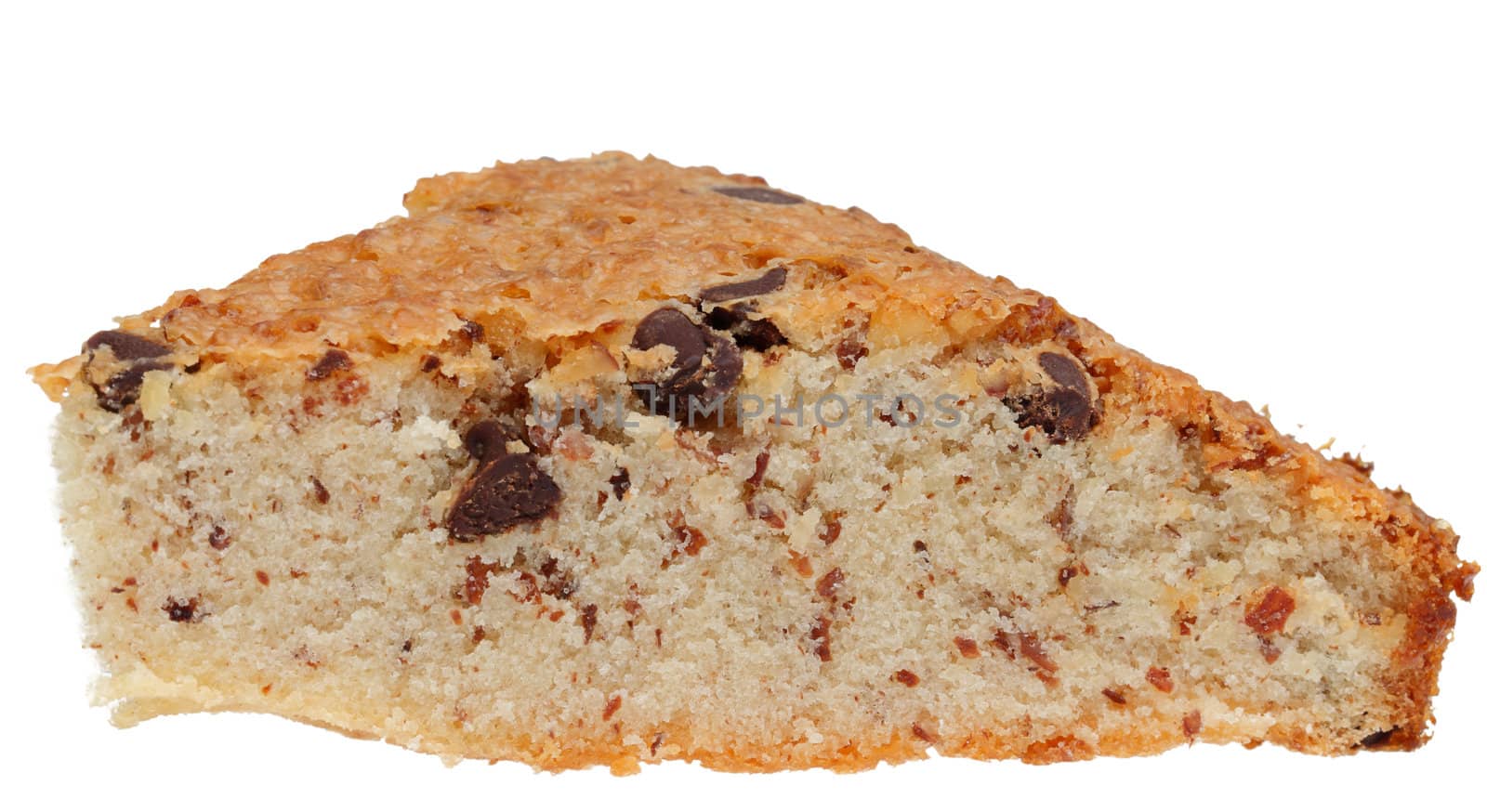 Close-up image of a tasty piece of cake with chocolate isolated against a white background.